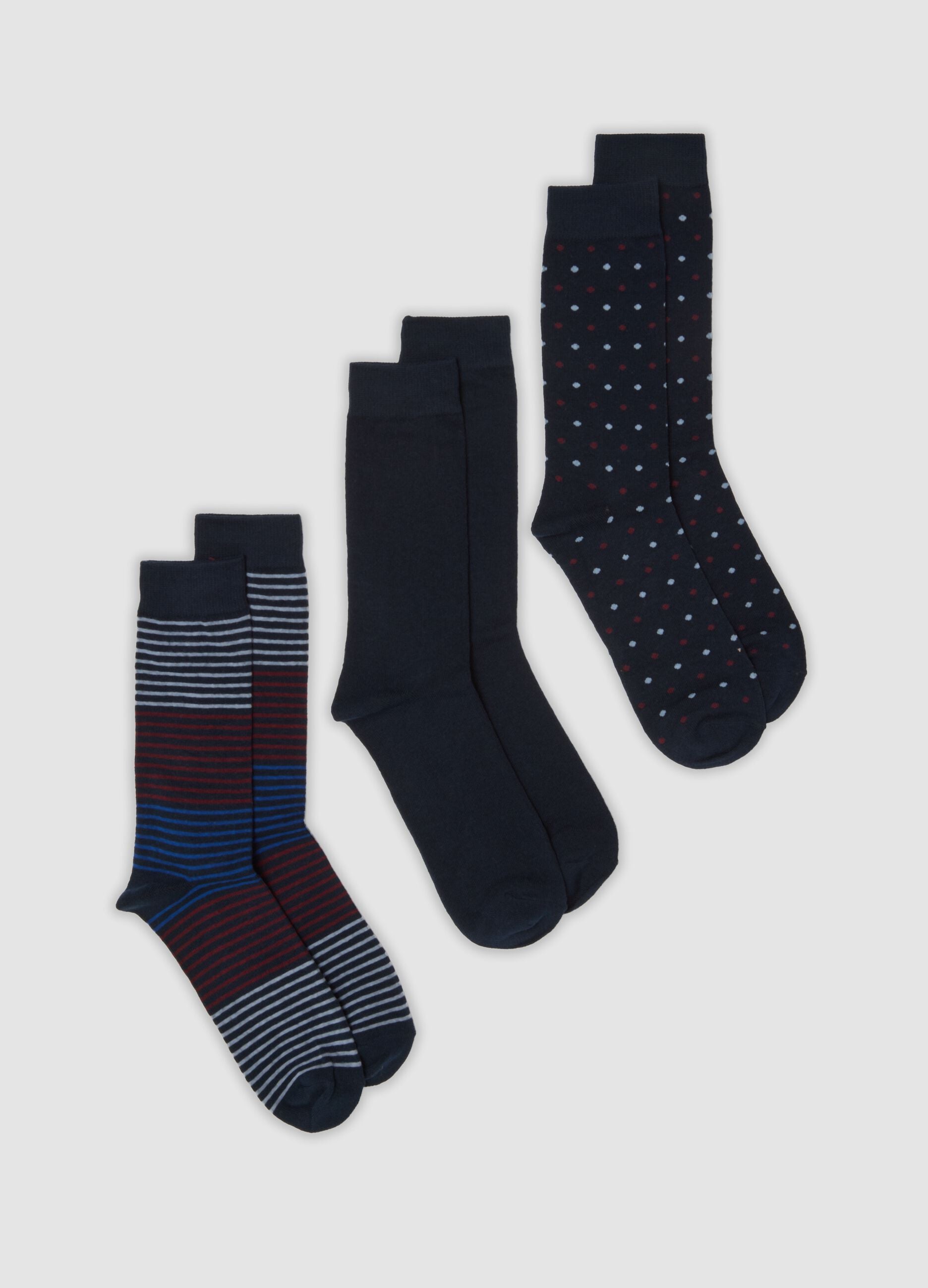 Three-pack of short socks in dark brown, royal blue, ecru and ochre yellow stretch organic cotton