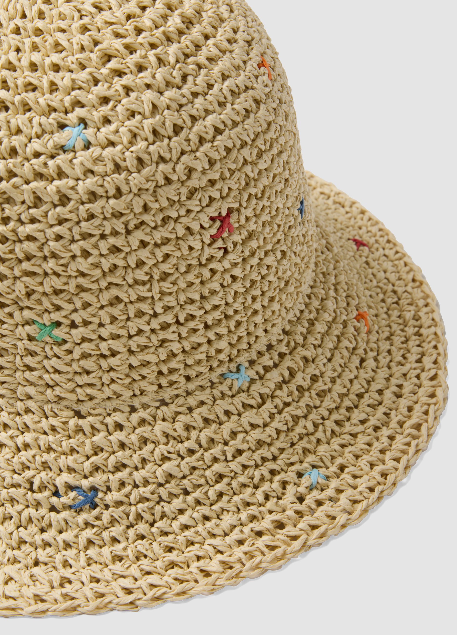 Beige paper-fabric hat with multicolour threads
