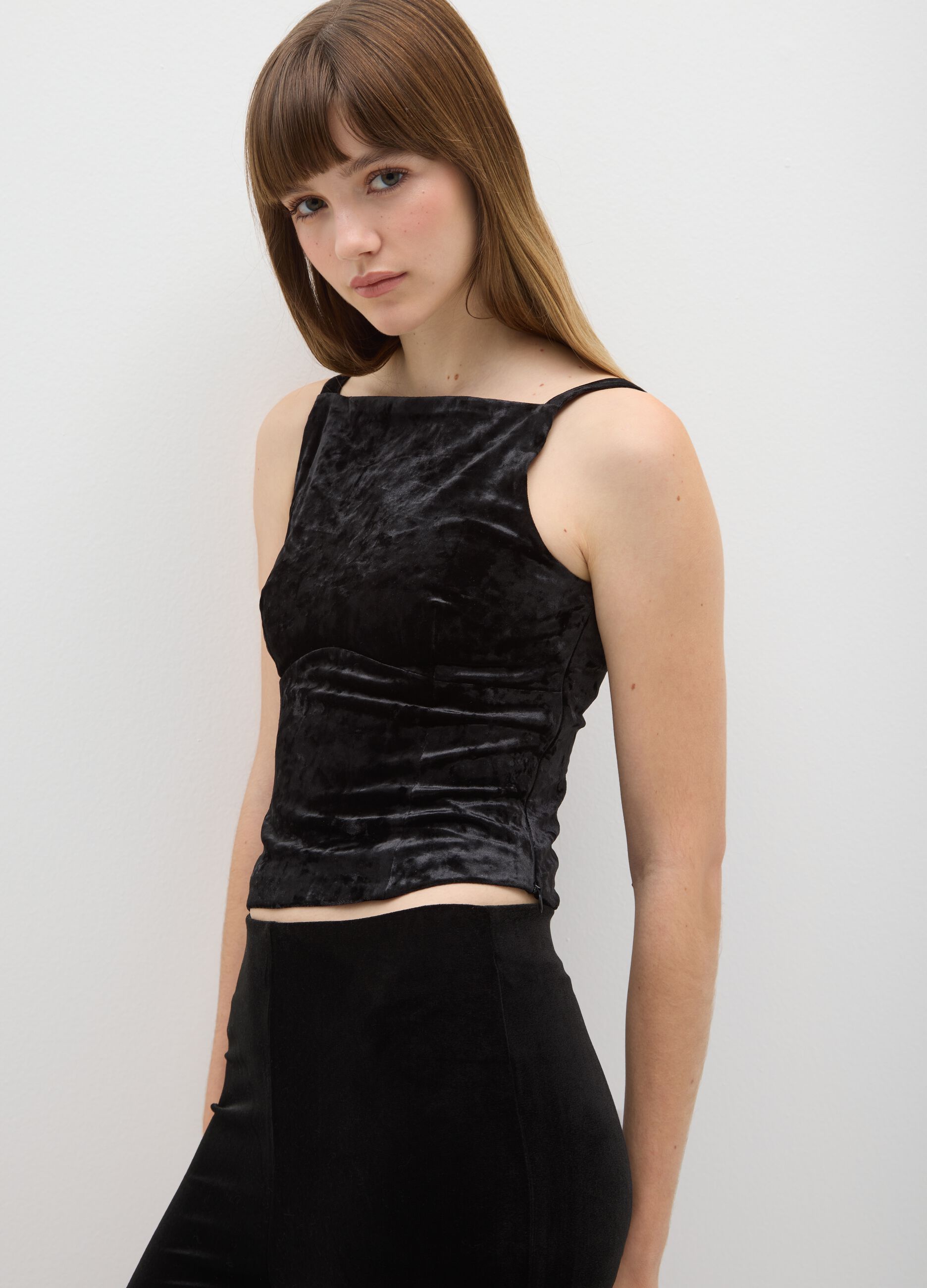 Black Velour Regular Fit Tank Top