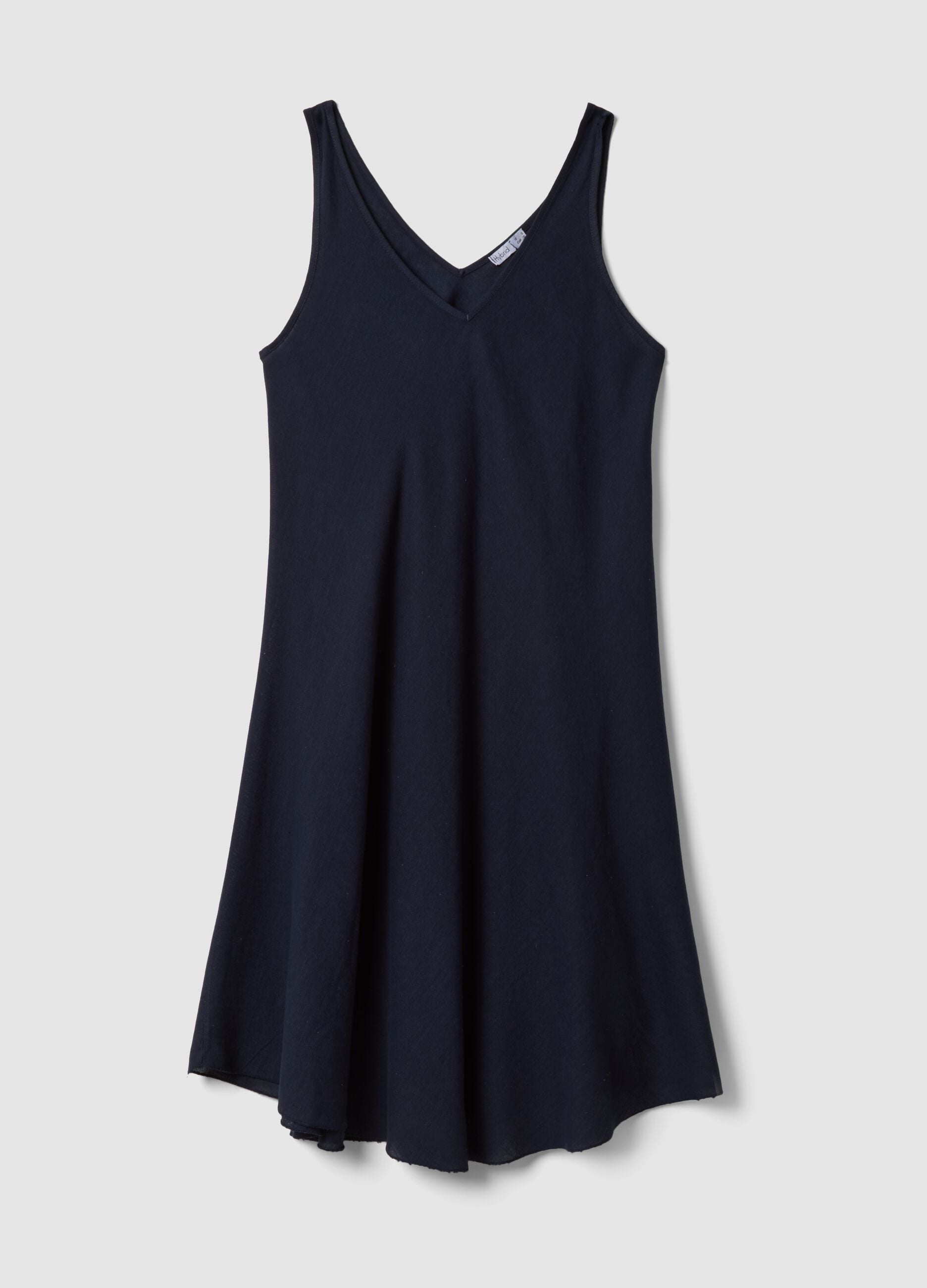 Blue linen-viscose blend midi dress with V-neck and regular fit