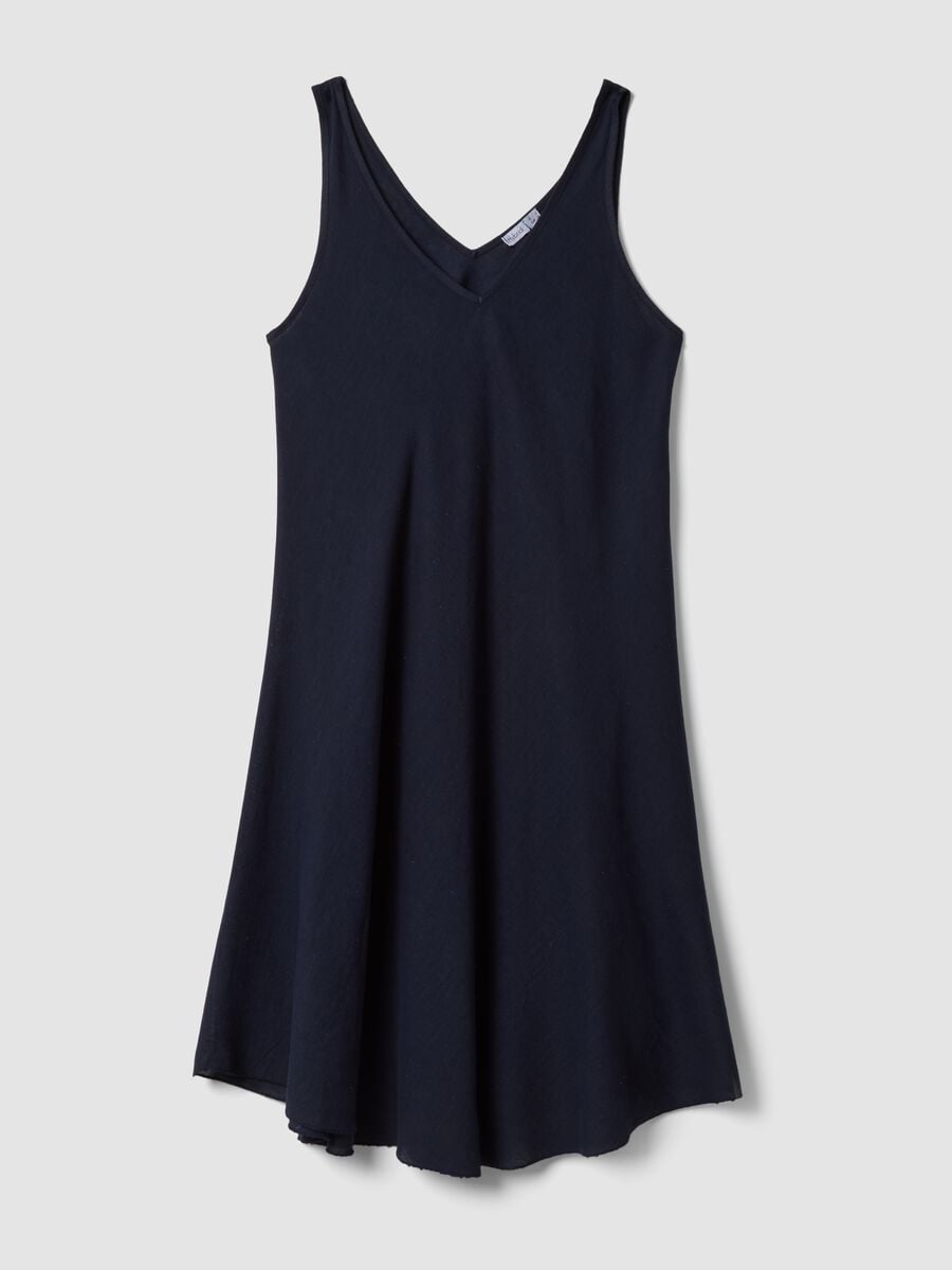 Abito midi blu in misto lino e viscosa con scollo a V regular fit_4