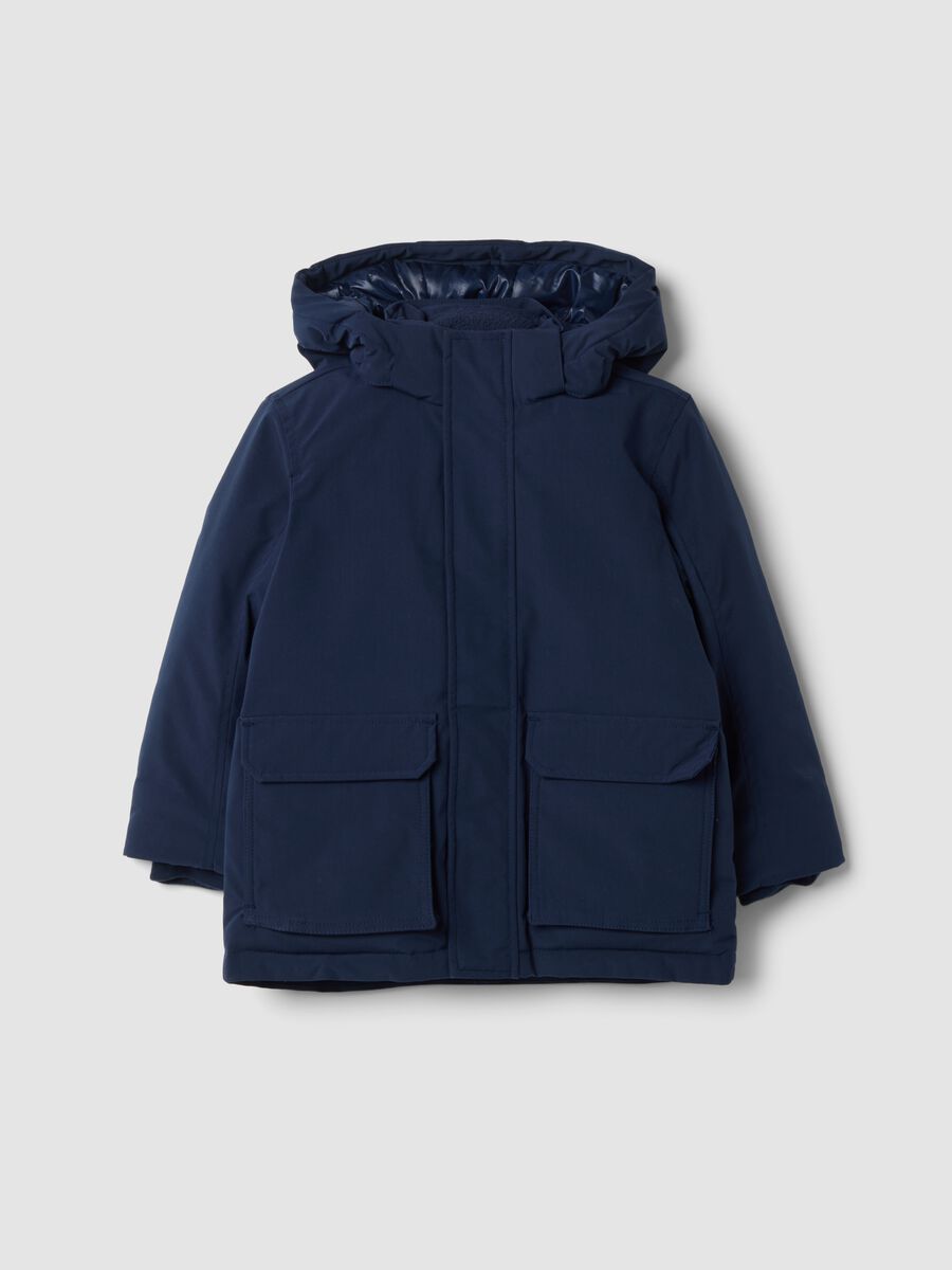 Long padded navy parka with detachable hood, oversized fit_0