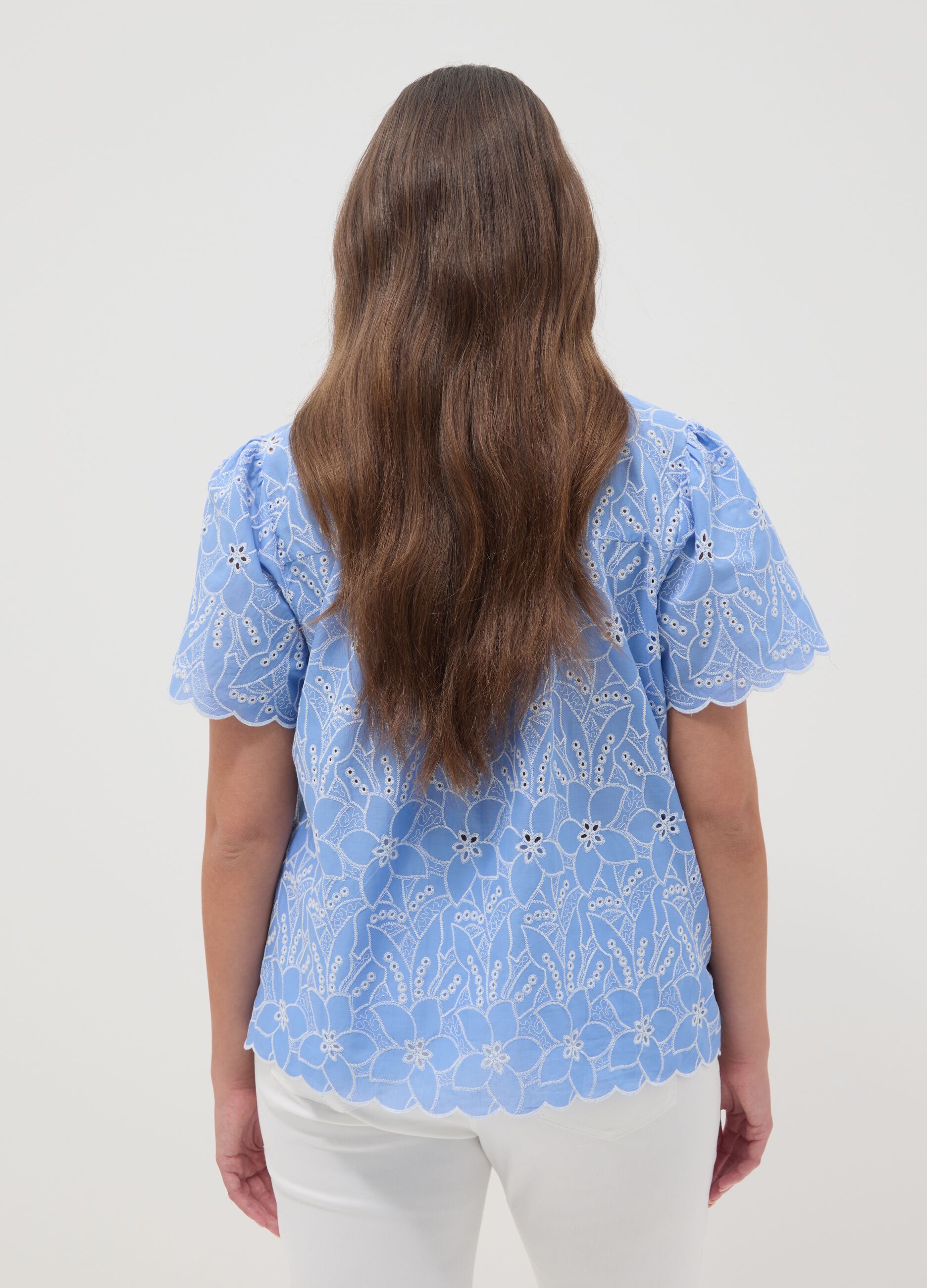 Sky-blue pure cotton broderie anglaise blouse
