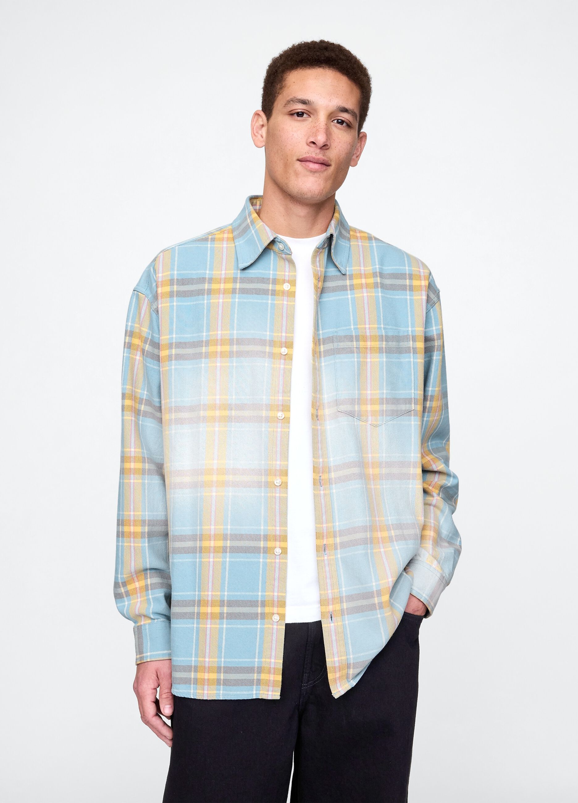Blue and yellow plaid cotton shirt