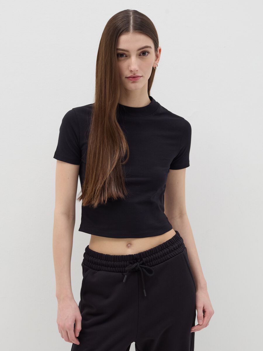 Stretch cotton T-shirt with mock neck_0