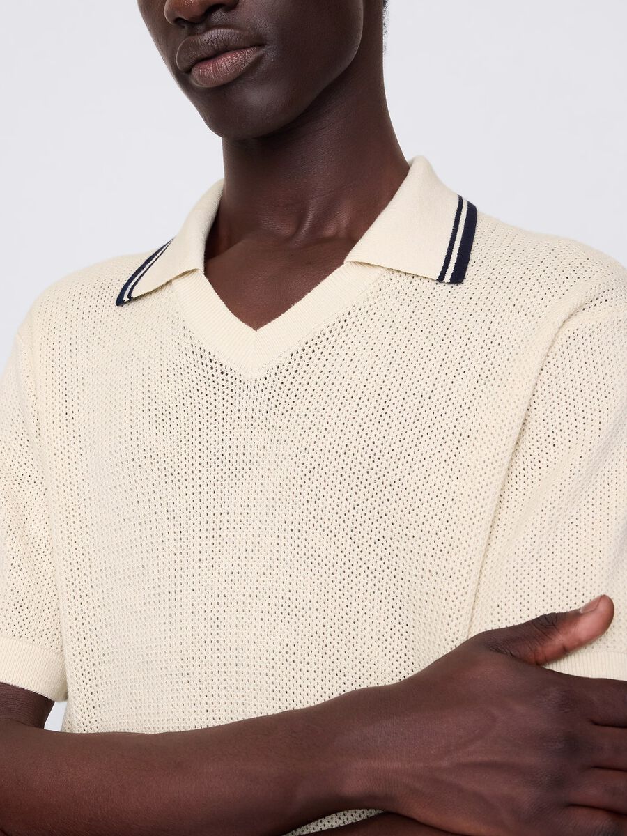 Openwork polo shirt in beige cotton_3