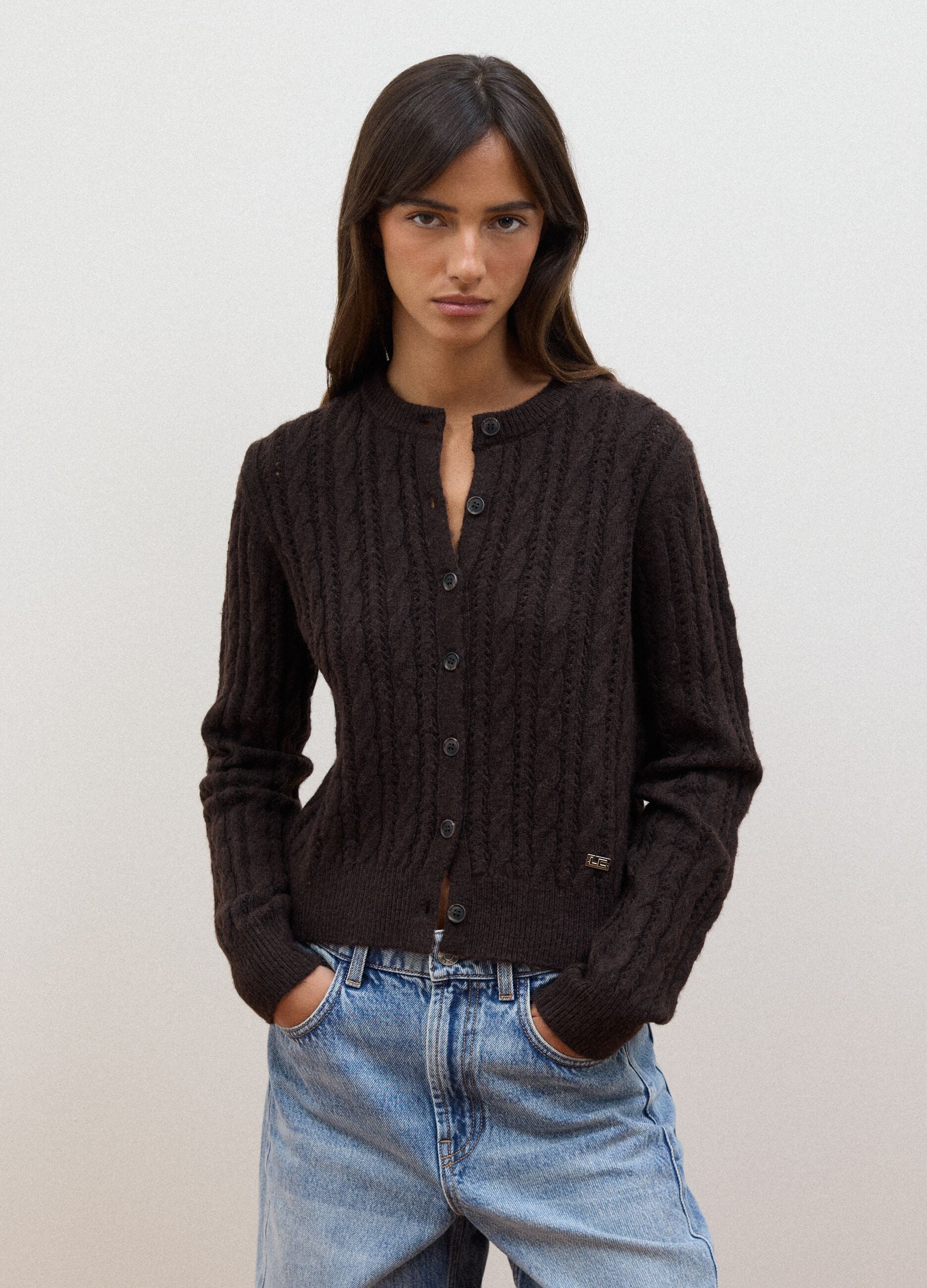 Brown cable-knit wool-blend cardigan