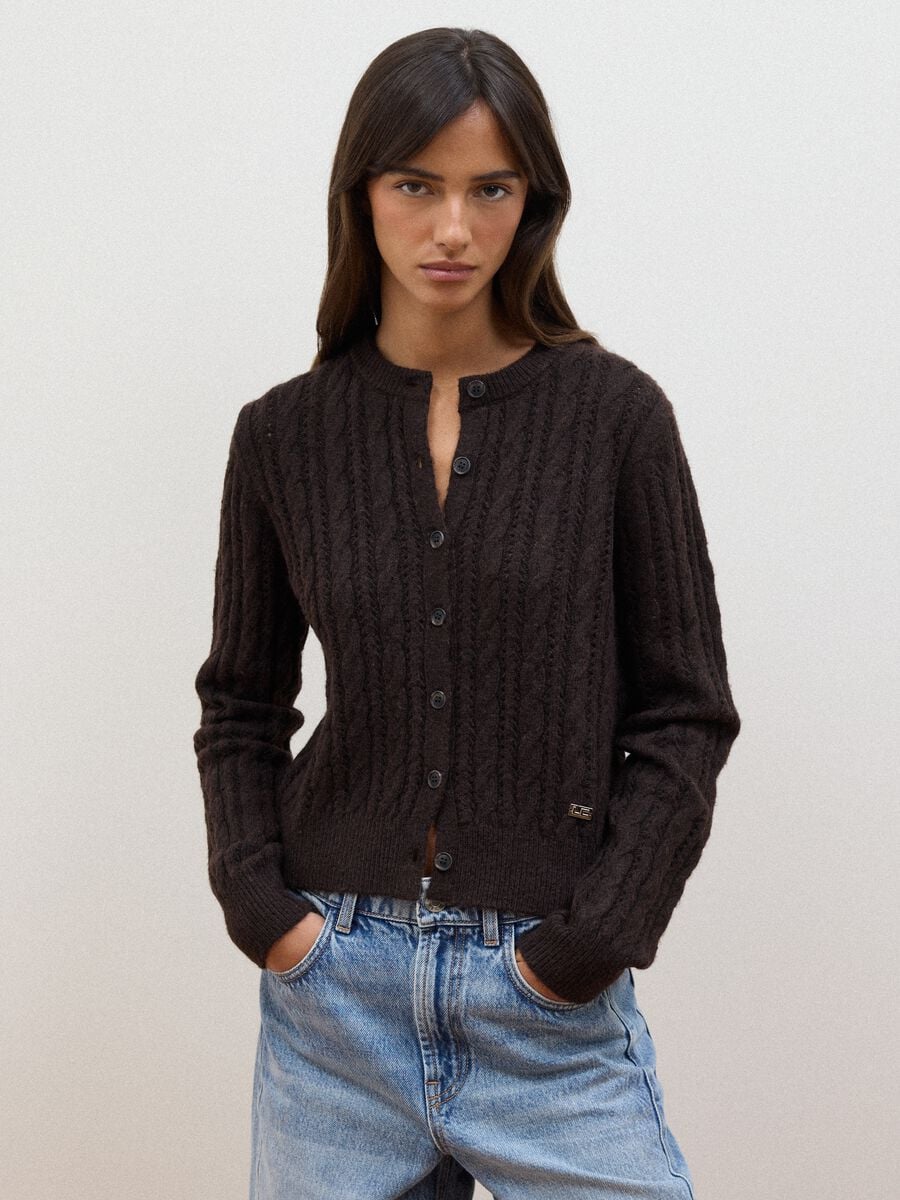 Brown cable-knit wool-blend cardigan_0