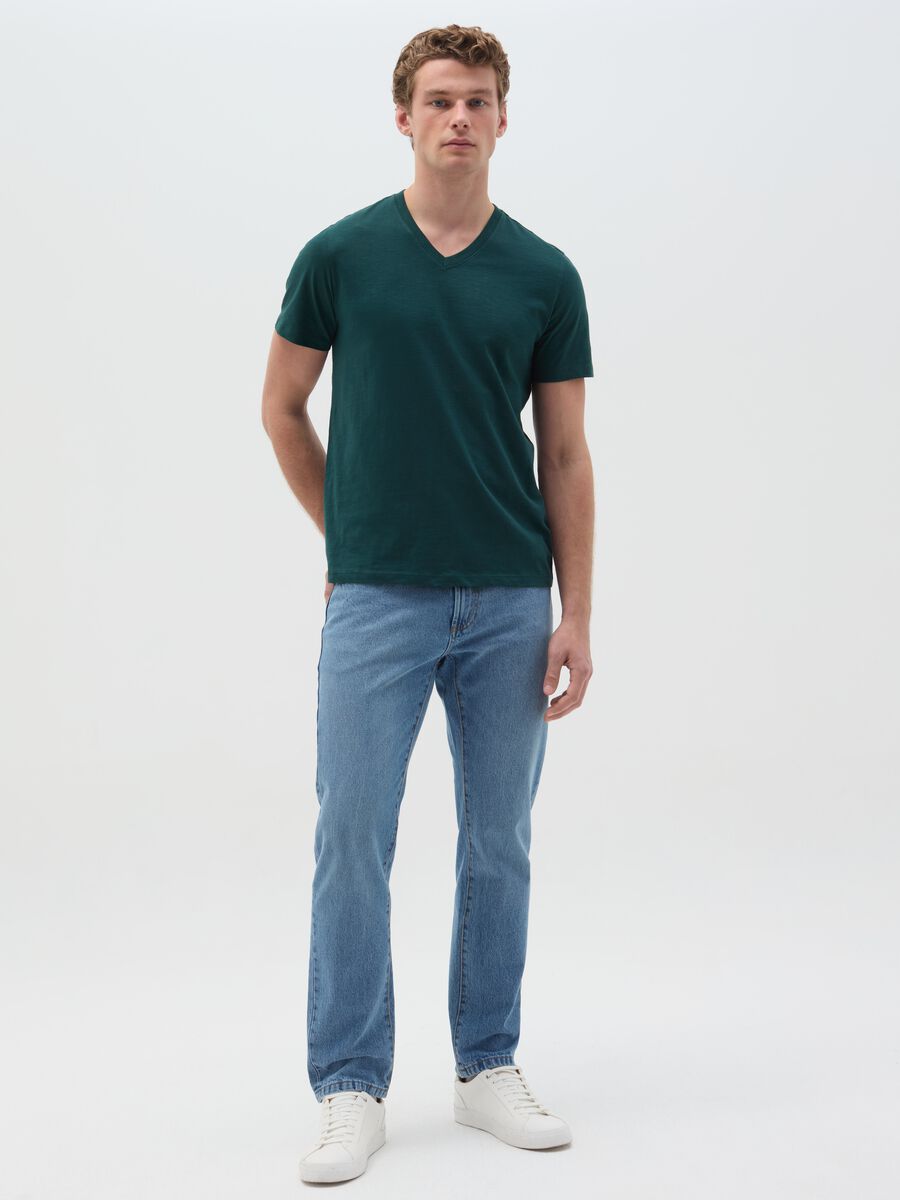 Slub cotton T-shirt with V neck_1