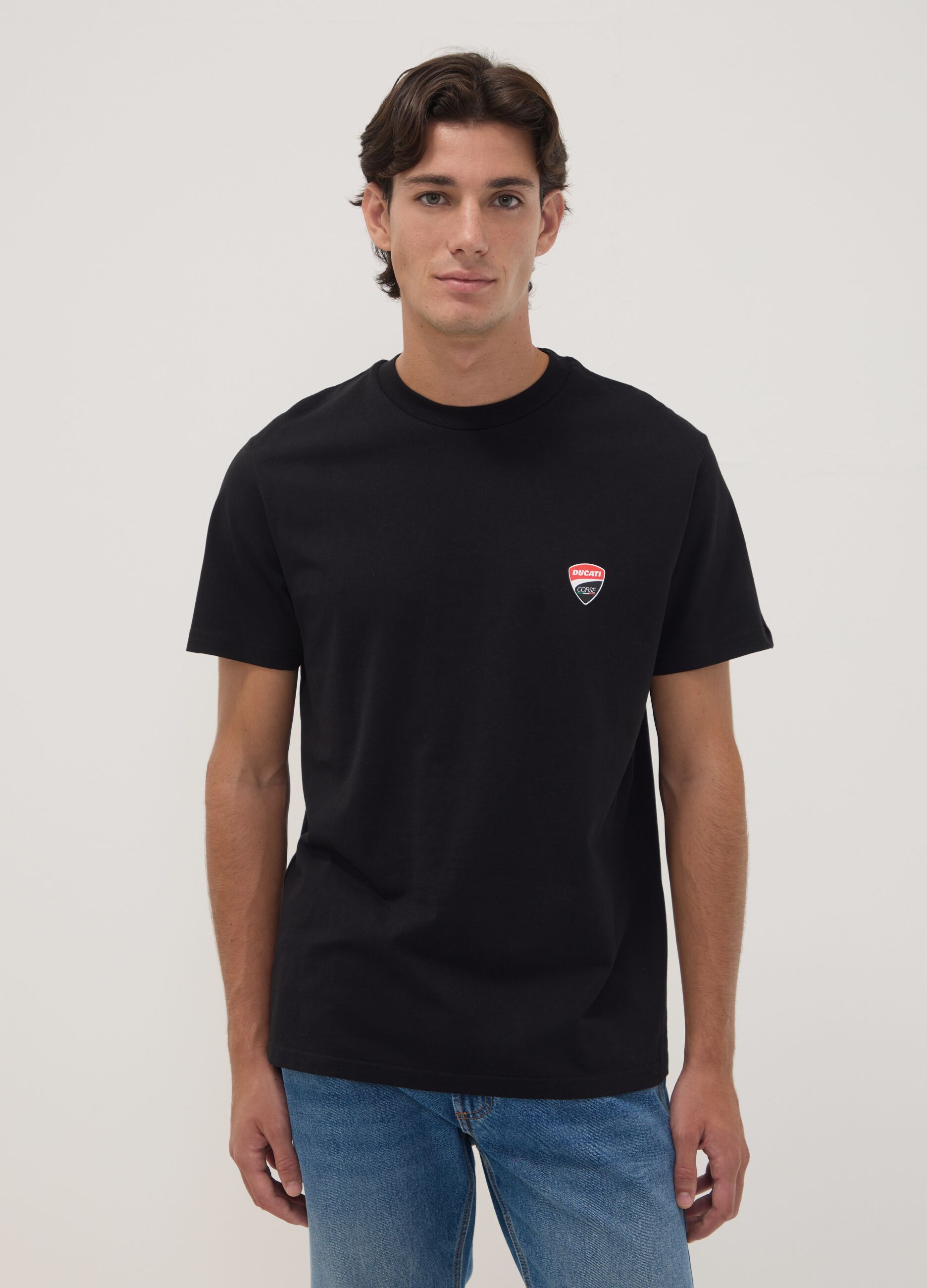 Black pure cotton T-shirt with Ducati print, regular fit