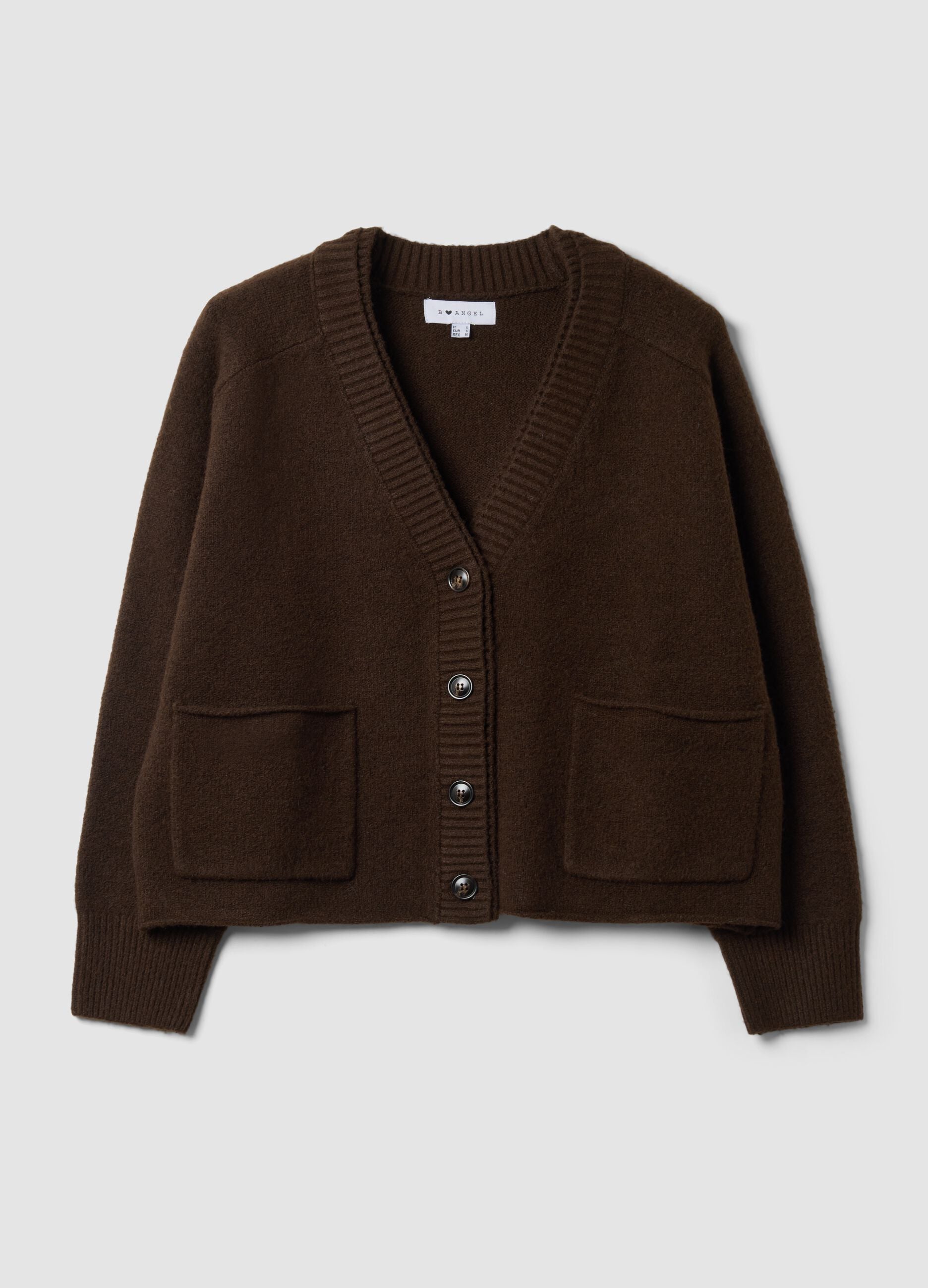 Brown stretch-wool cardigan with deep V-neck