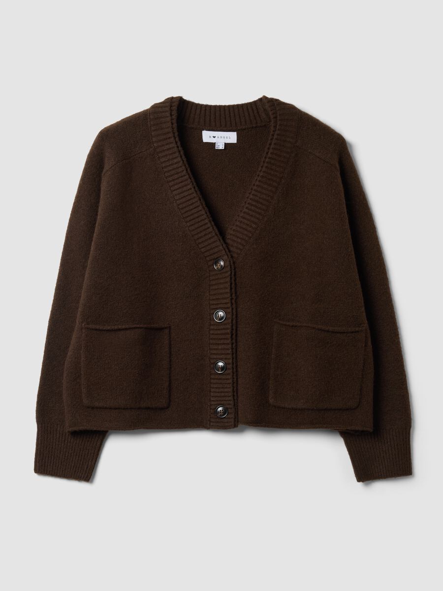 Cardigan marrone in lana elasticizzata con scollo profondo a V_0