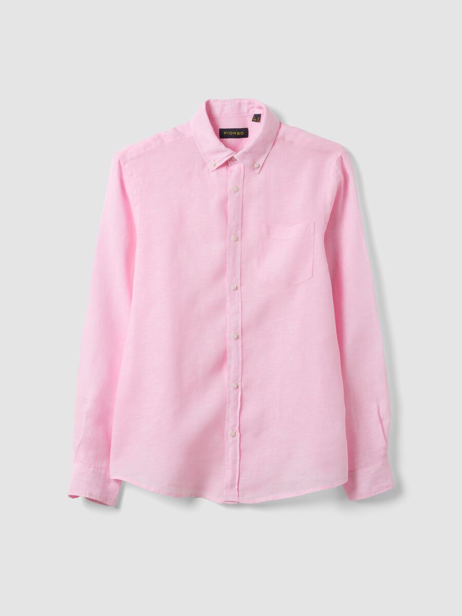 Camicia rosa in puro lino con collo button down regular fit_4