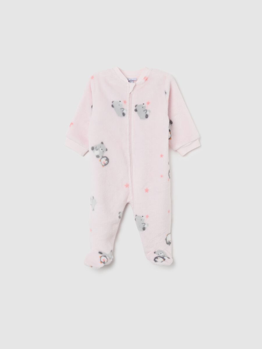 Pink coral fleece baby suit with zip and long sleeves_0