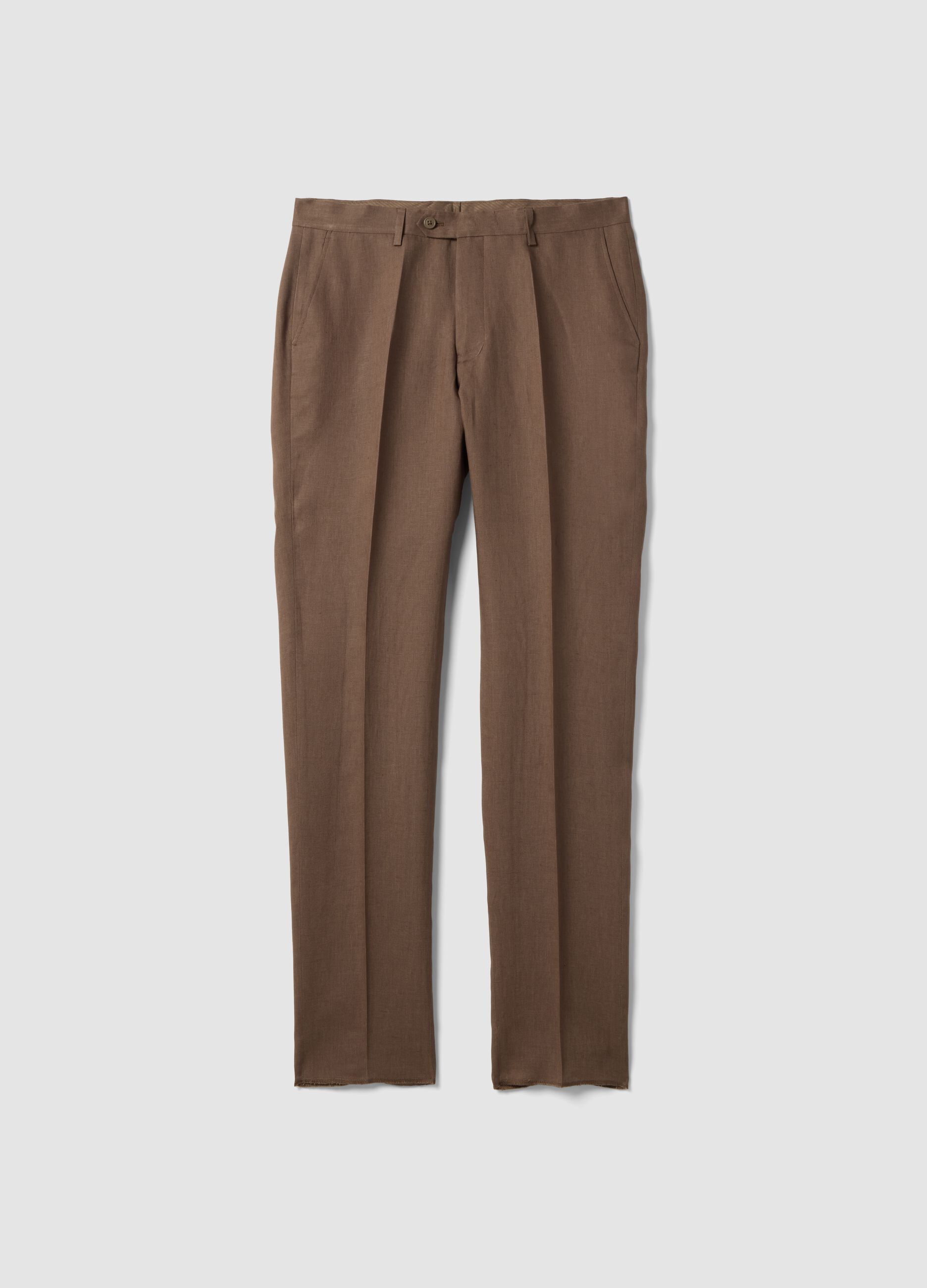 Brown pure linen slim-fit trousers