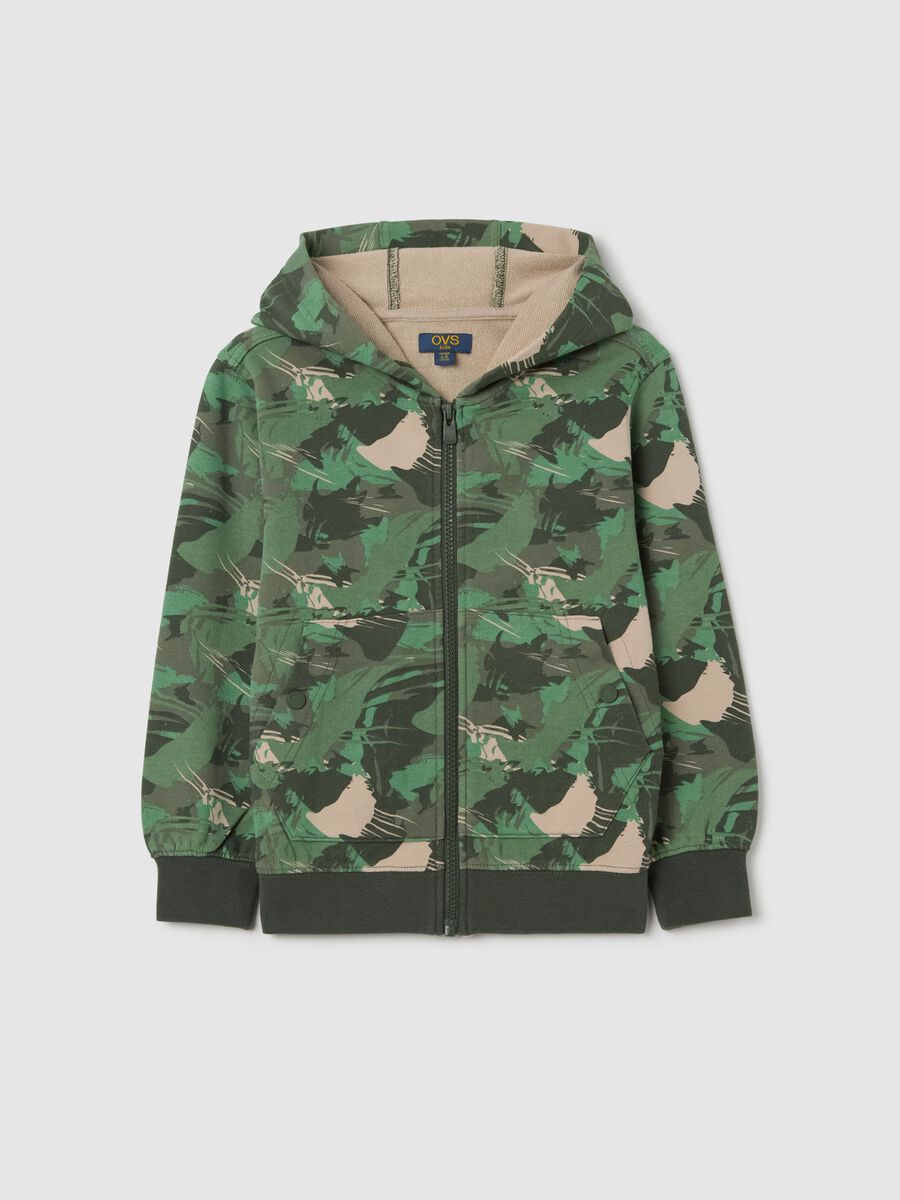 Green full-zip sweatshirt in camouflage French terry with hood_0