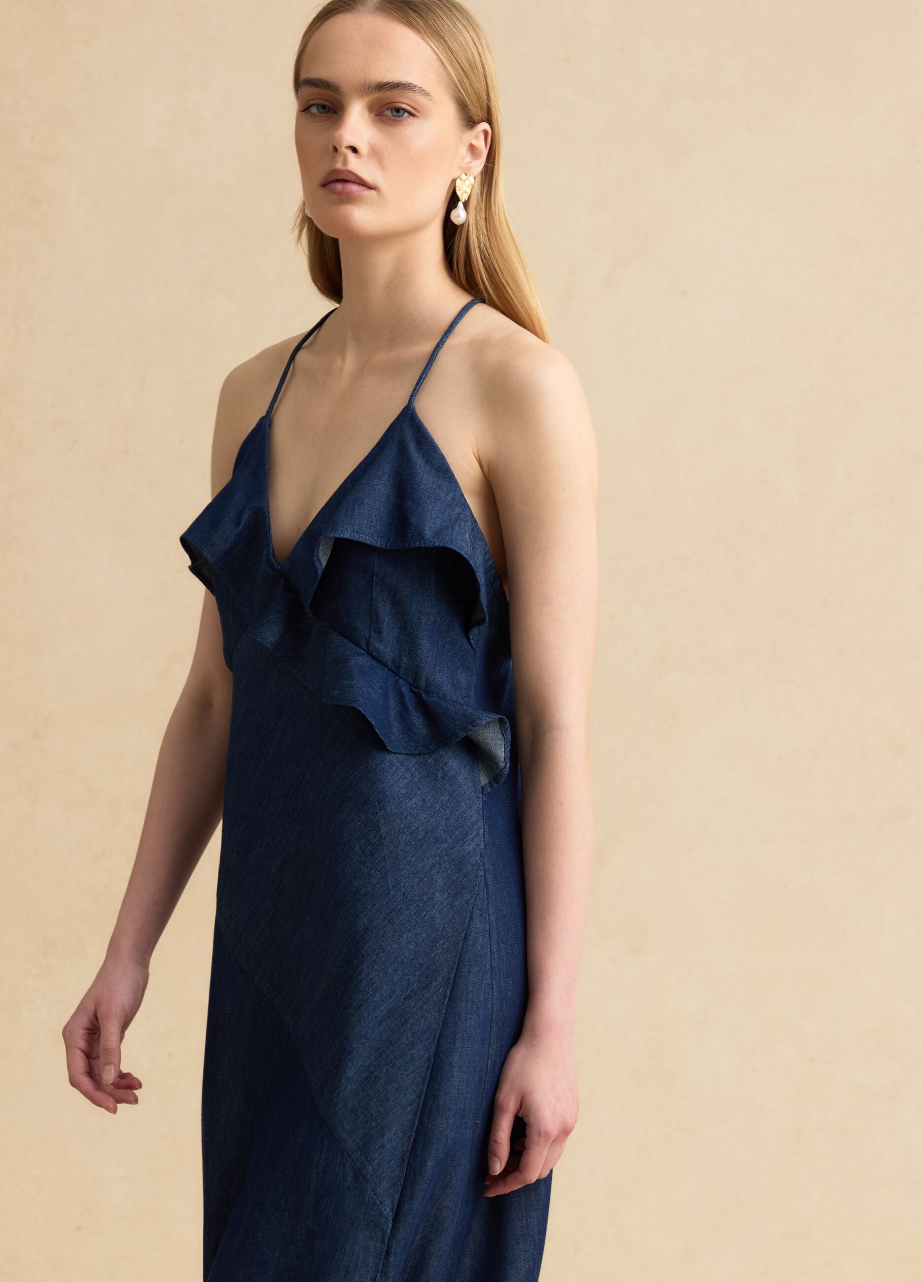Long blue pure cotton dress with ruffles