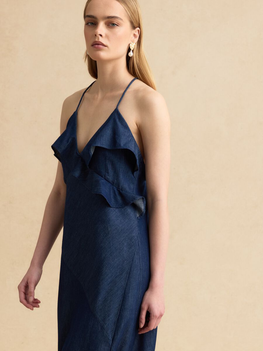 Long blue pure cotton dress with ruffles_2