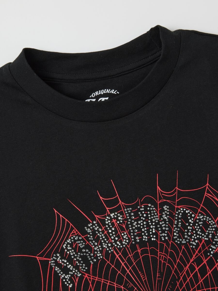 Pure black cotton t-shirt with spider print_5