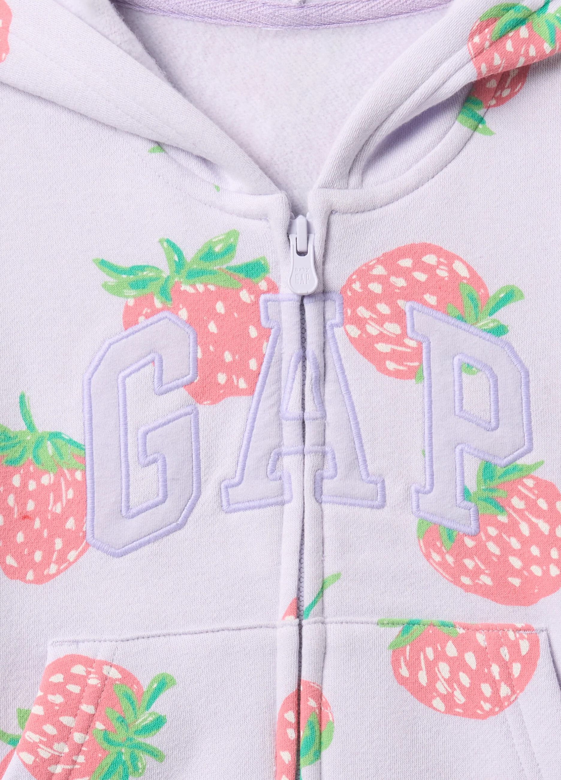 Purple full-zip sweatshirt with hood, strawberries print and logo embroidery