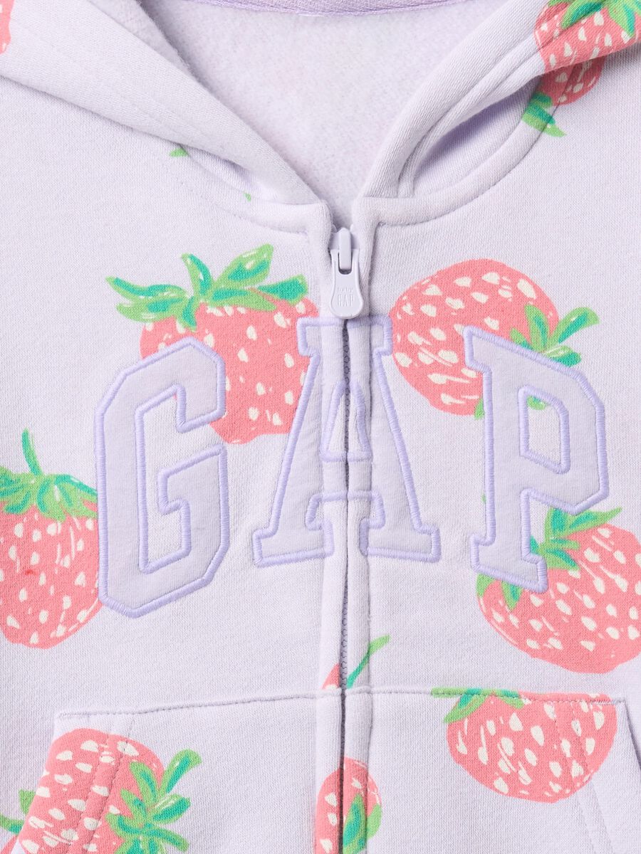 Purple full-zip sweatshirt with hood, strawberries print and logo embroidery_2