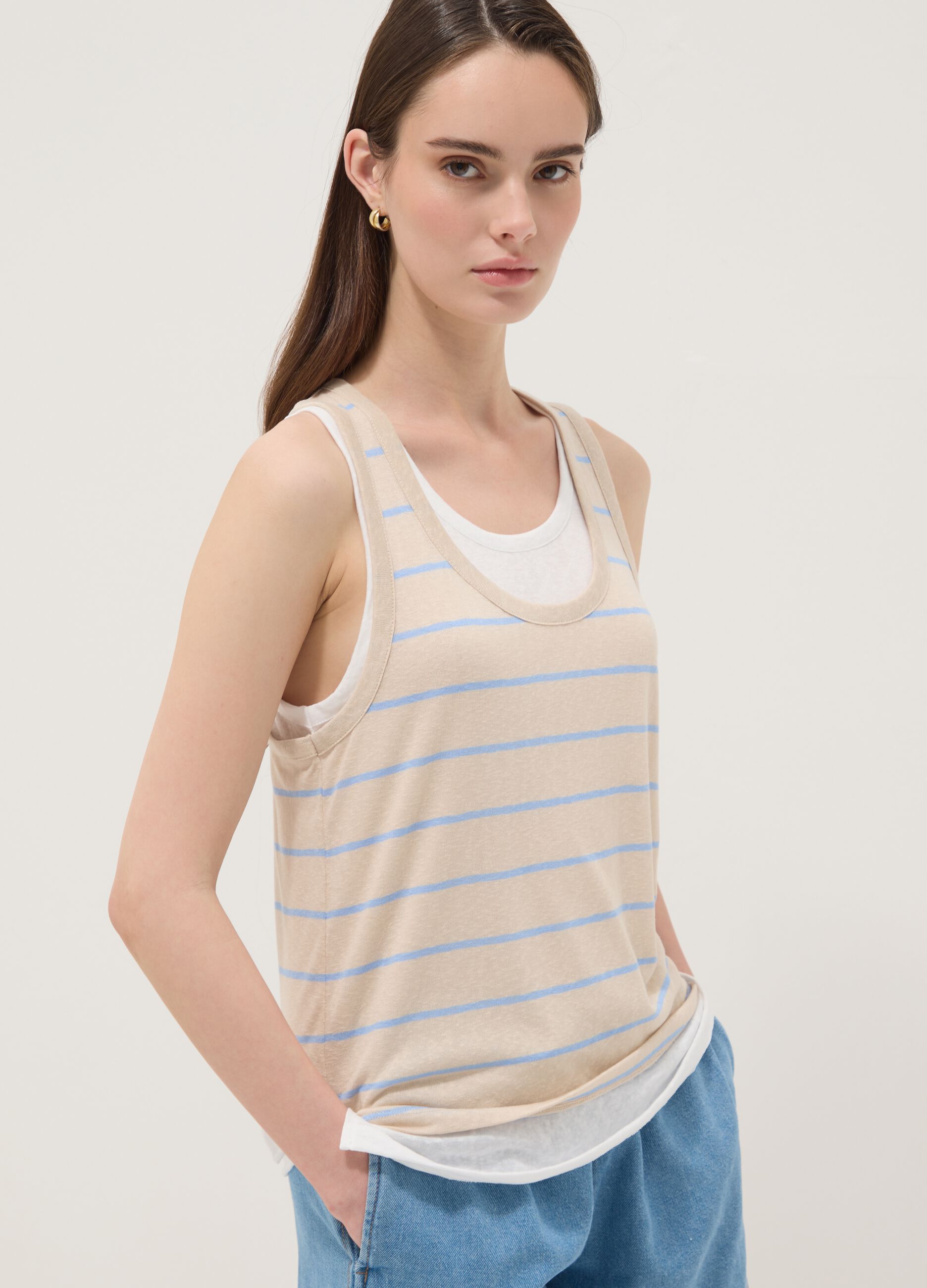 Beige striped viscose-blend tank top, regular fit