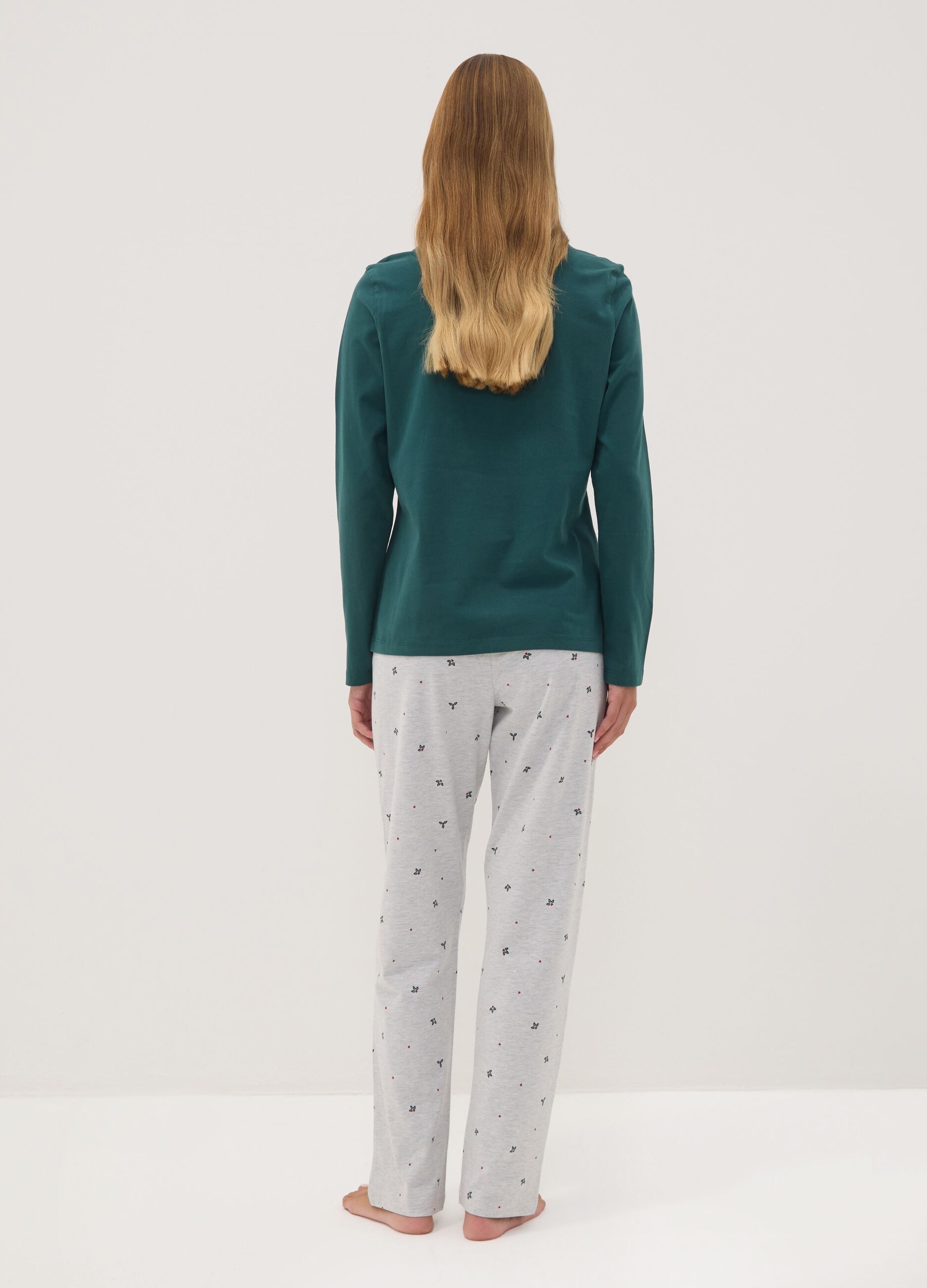 Green crew-neck pyjamas in pure organic cotton