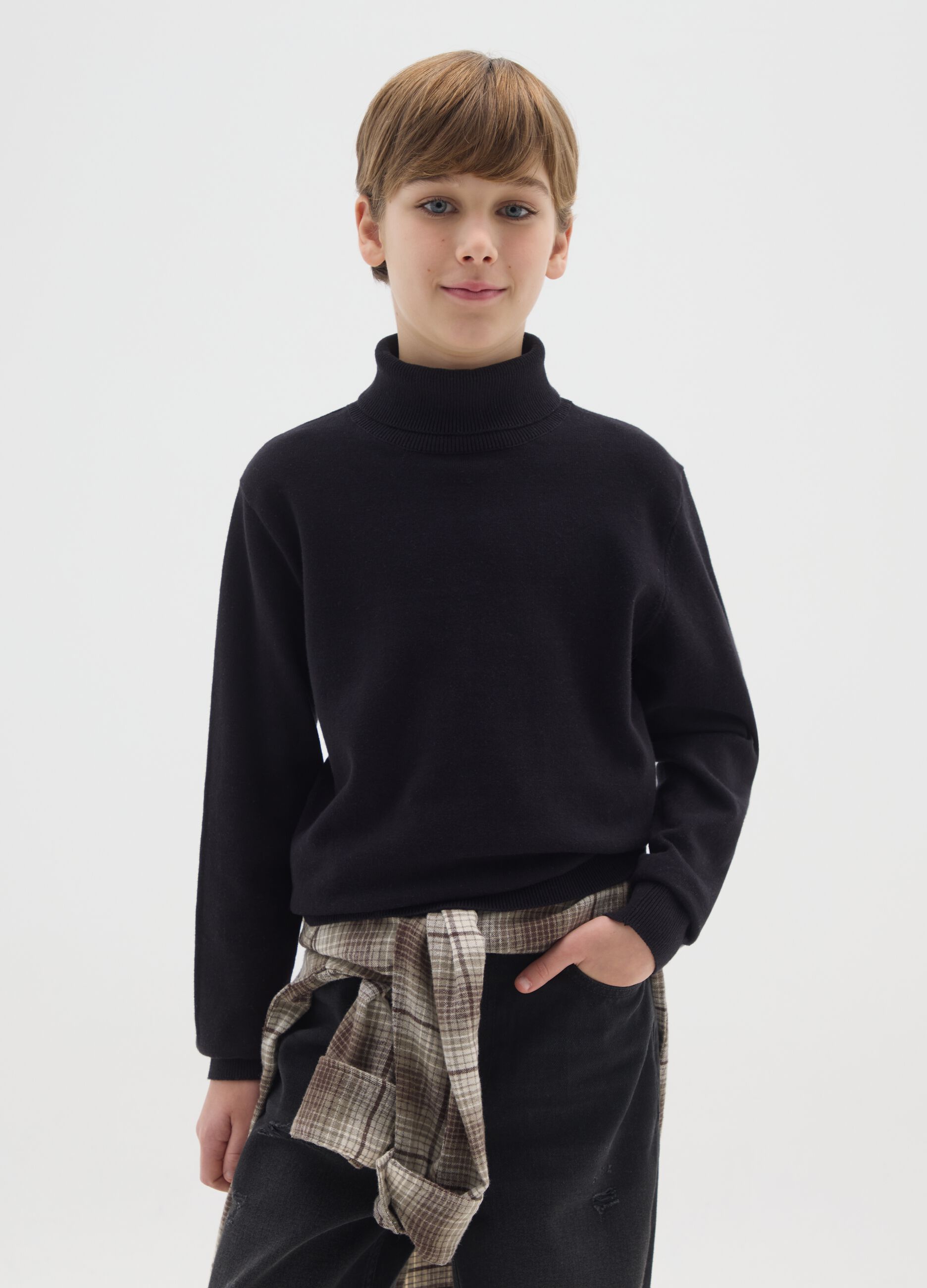 Boys' Black High-Neck Sweater in Pure Cotton Regular Fit