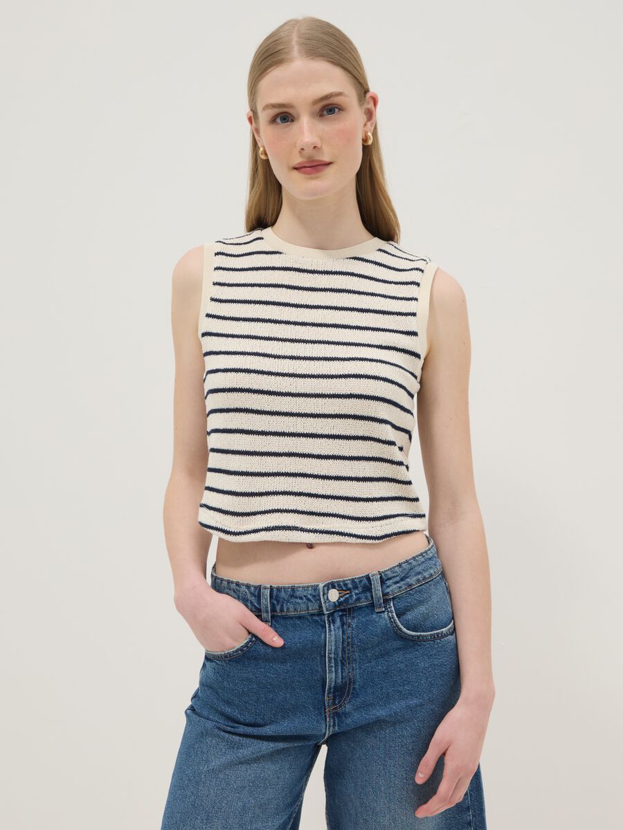 Regular-fit striped cotton-blend gilet in black and white_0