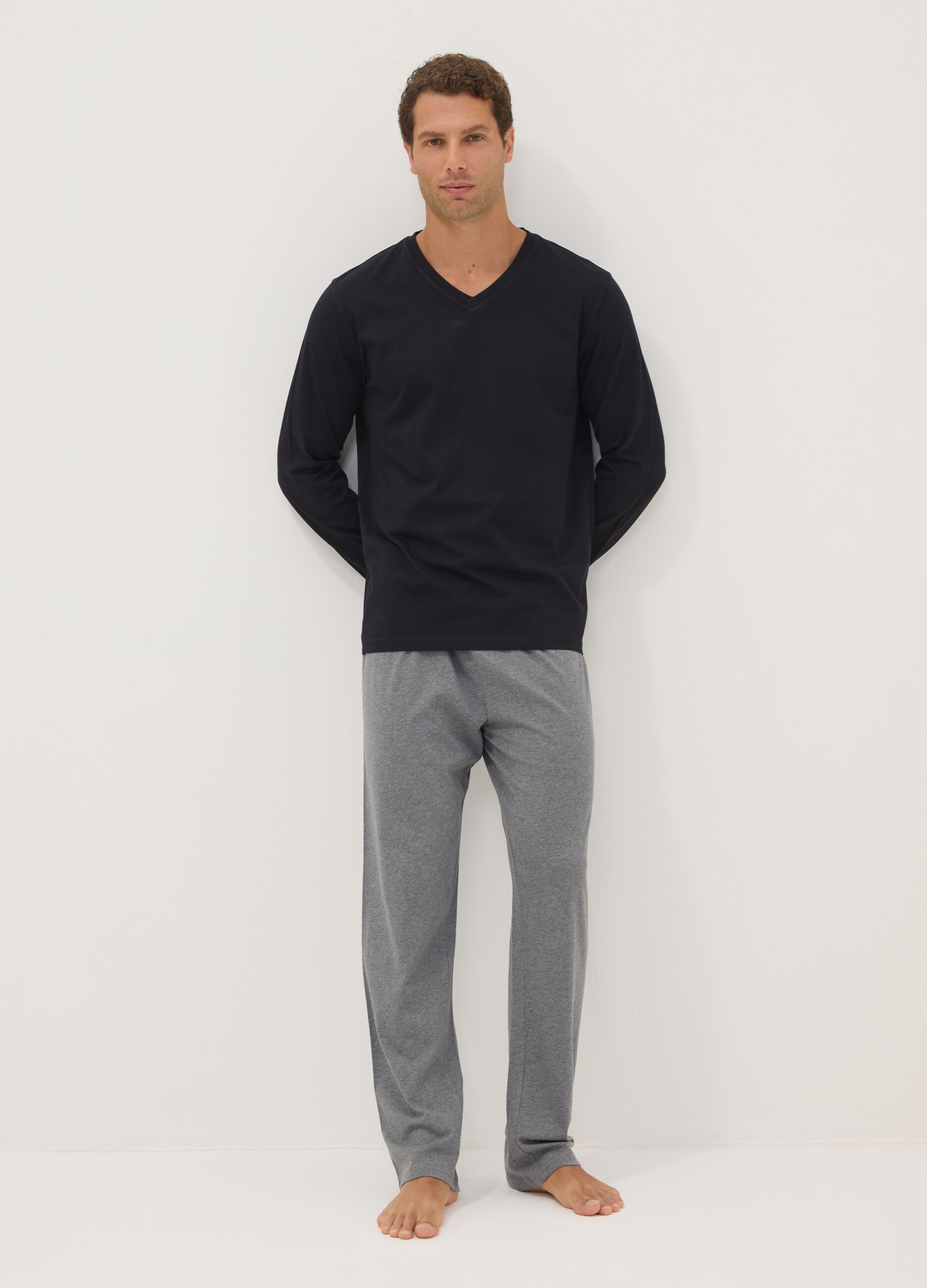 Black and grey pure organic cotton V-neck regular-fit pyjamas
