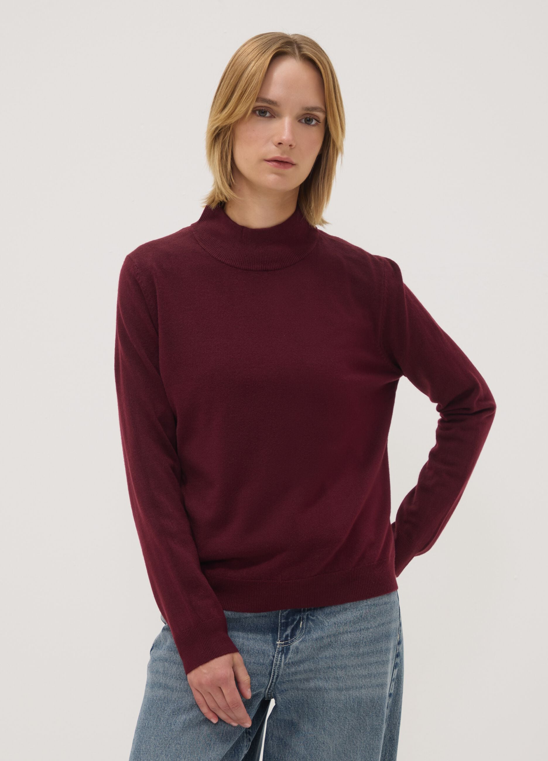 Purple long-sleeved top with high neck, regular fit