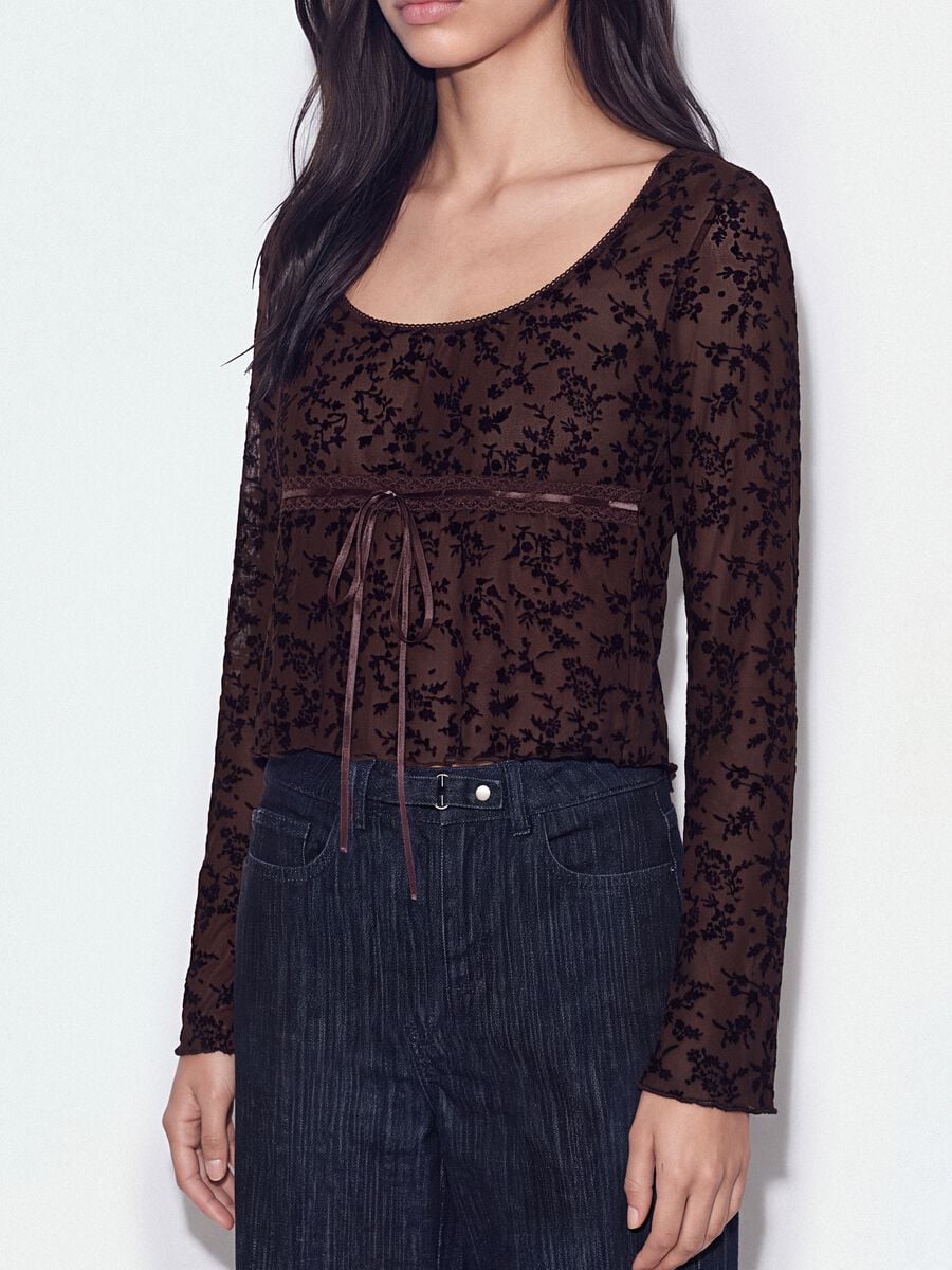 Brown stretch T-shirt with flocked floral print_2