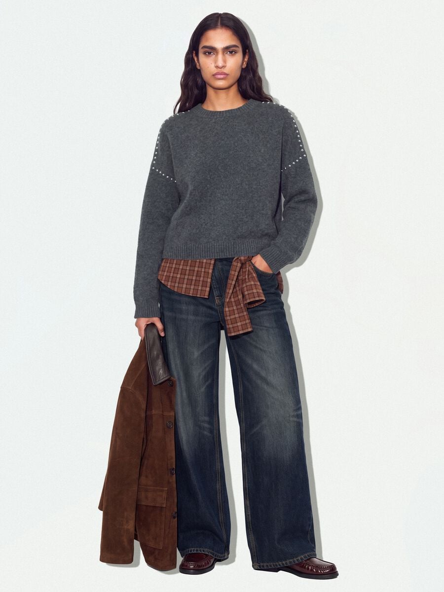 Grey stretch wool jumper with studded trims_1