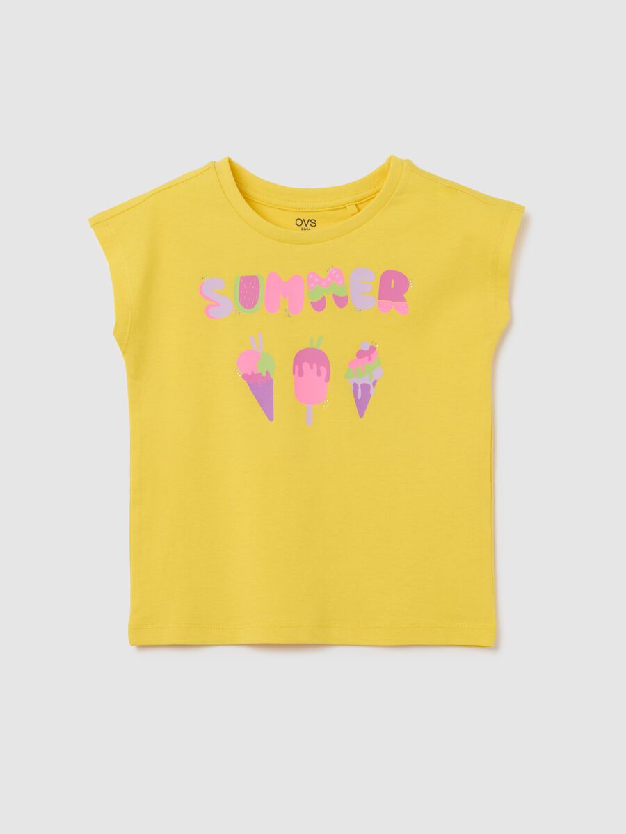 Yellow Cotton Regular Fit Girls' T-Shirt with Ice Creams_0
