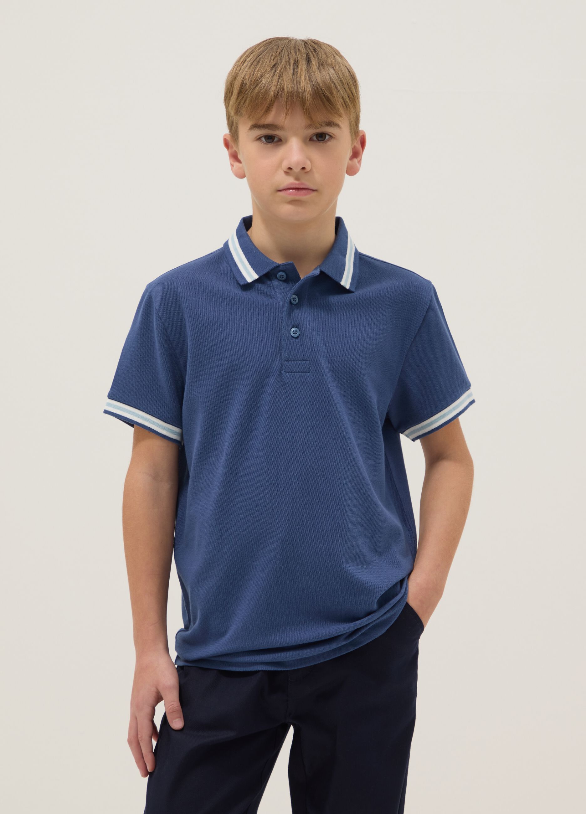 Boy's blue pure cotton polo, regular fit