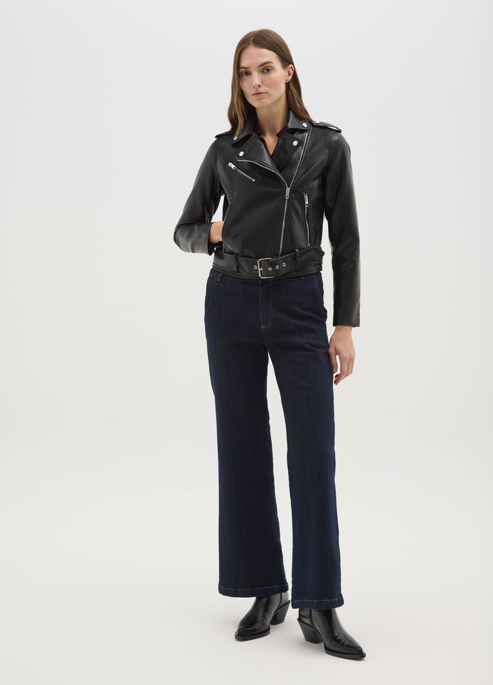 Black Faux Leather Biker Jacket with Zip