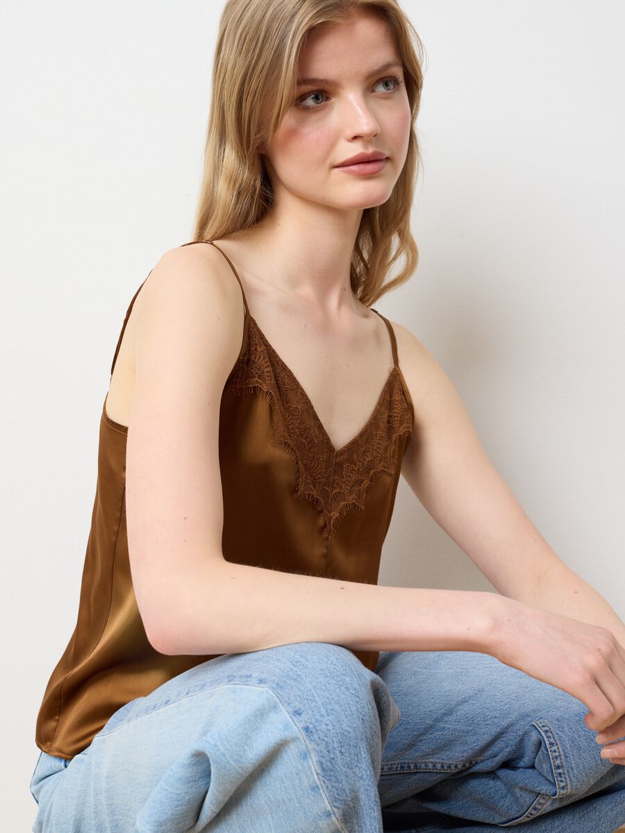 Brown satin blend women's slim fit top with lace_0
