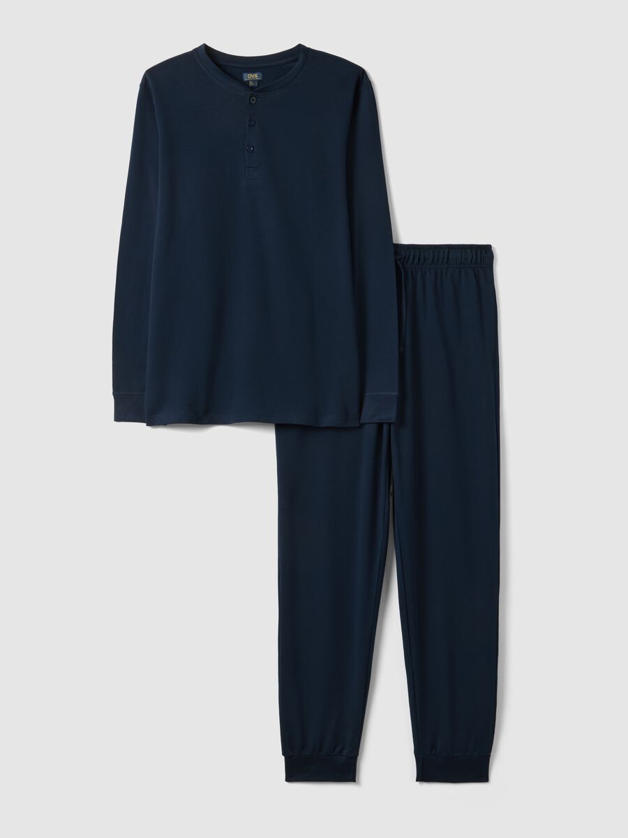 Blue long pyjama in pure cotton, regular fit with Henley collar_0