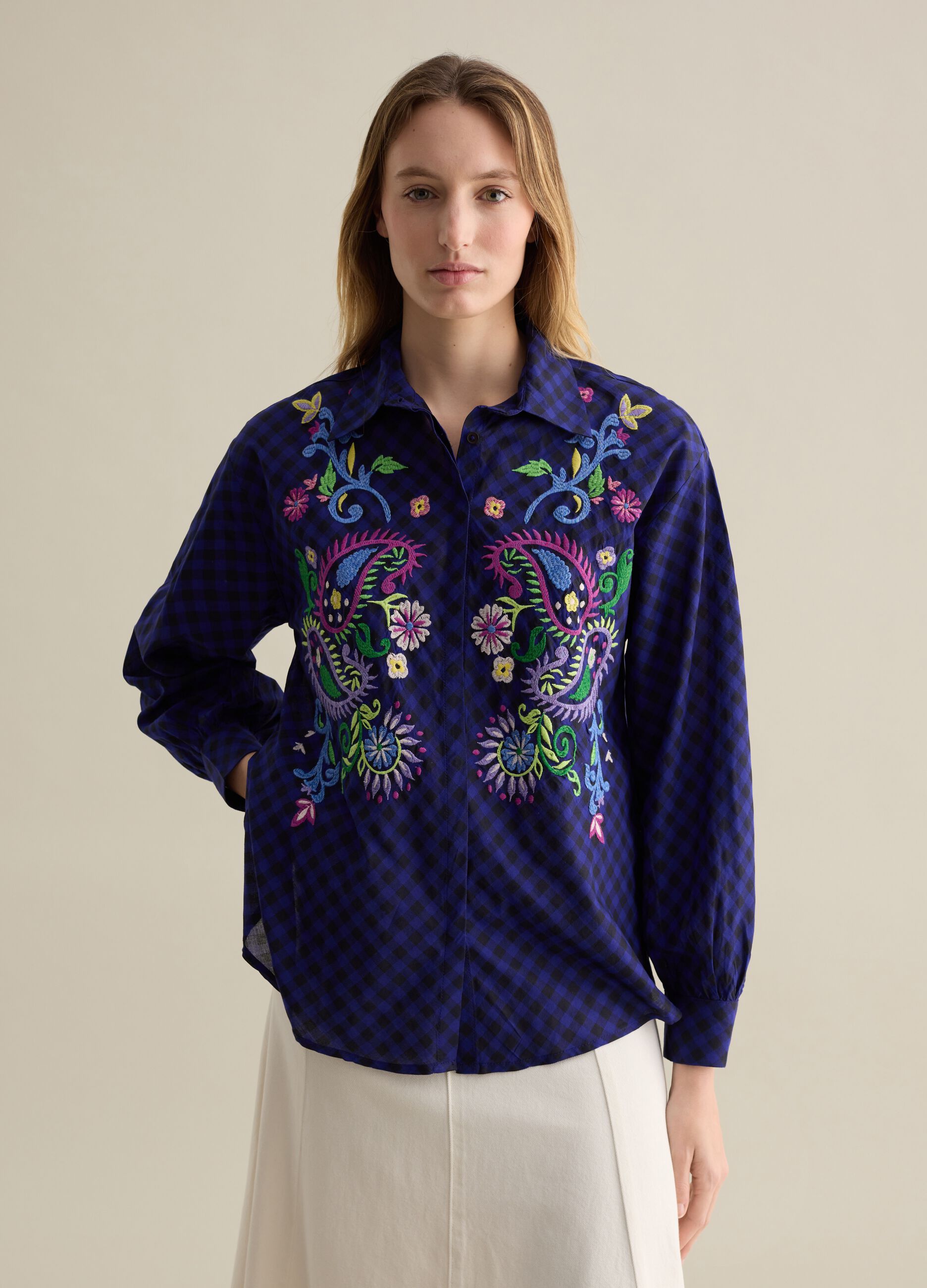 Check shirt with paisley embroidery