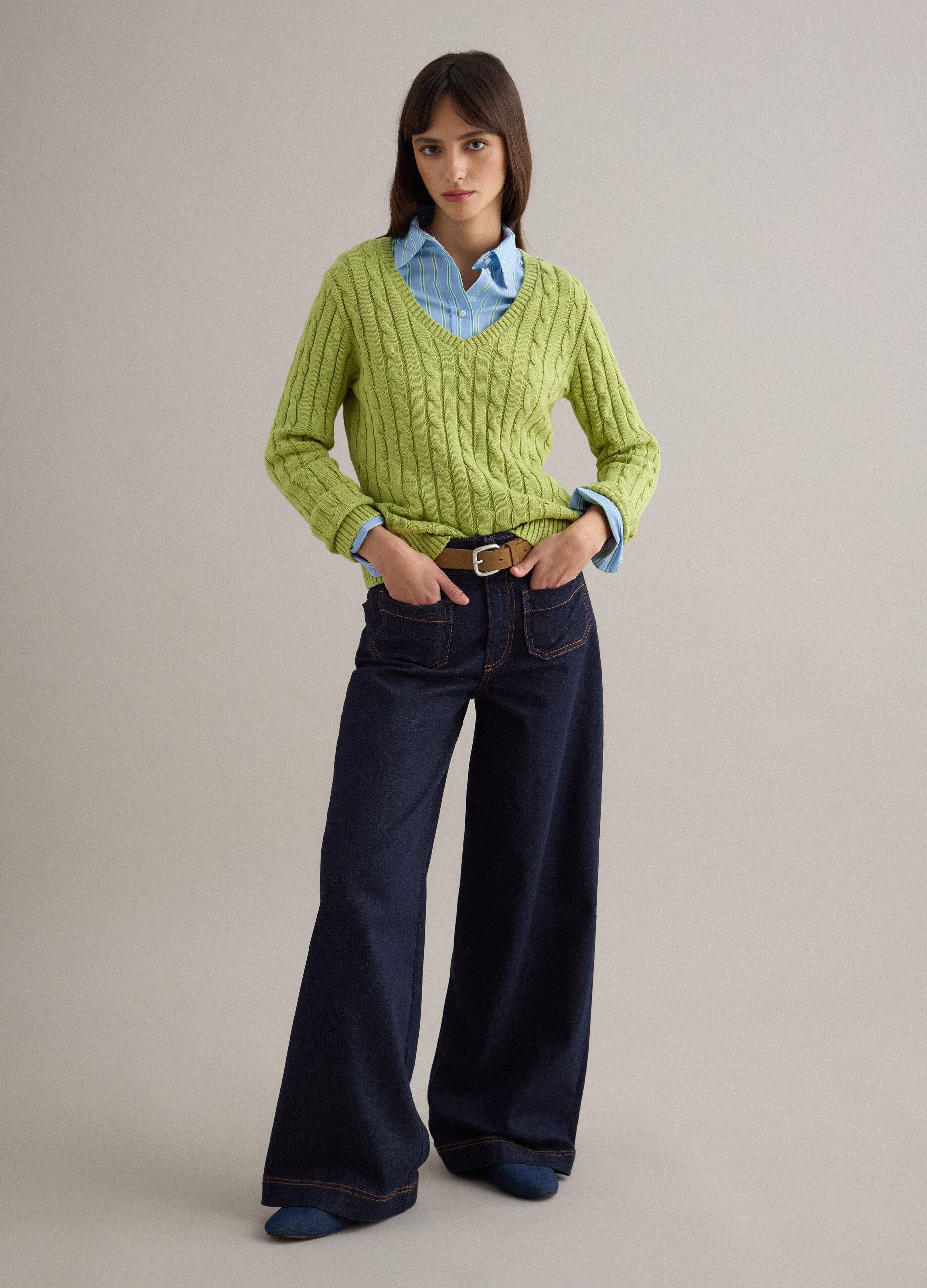 Green pure cotton regular fit cable knit jumper