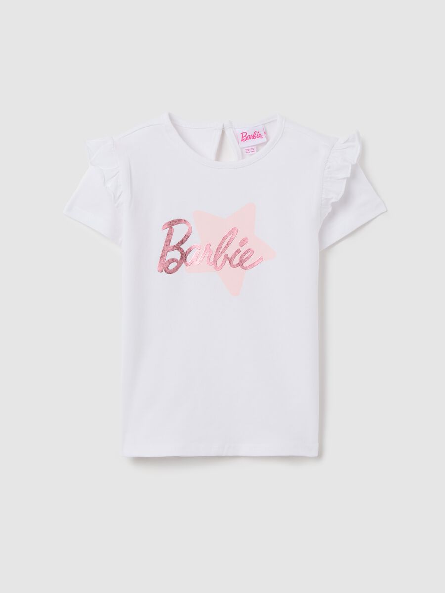 White cotton regular fit girls' T-shirt with Barbie logo_0