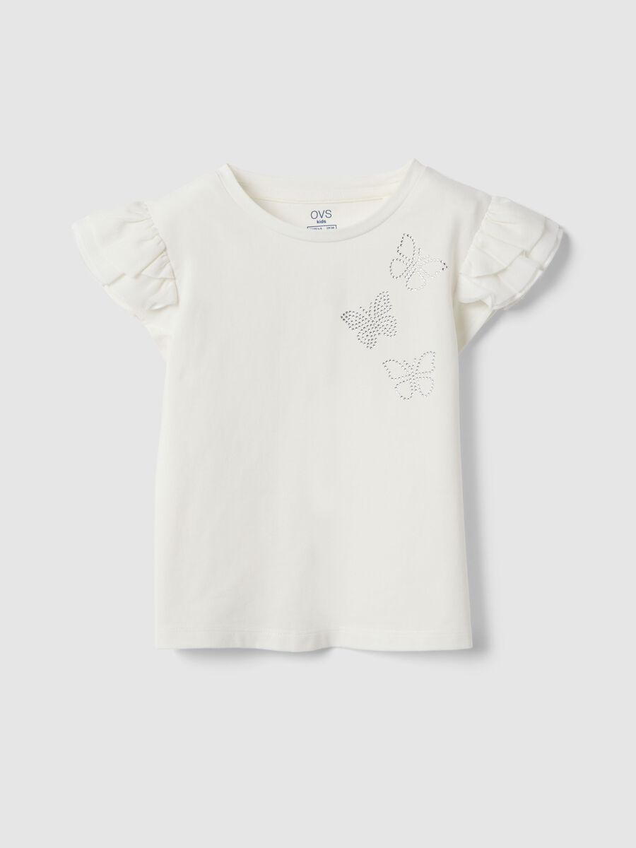 White stretch cotton t-shirt with frills for girls_0