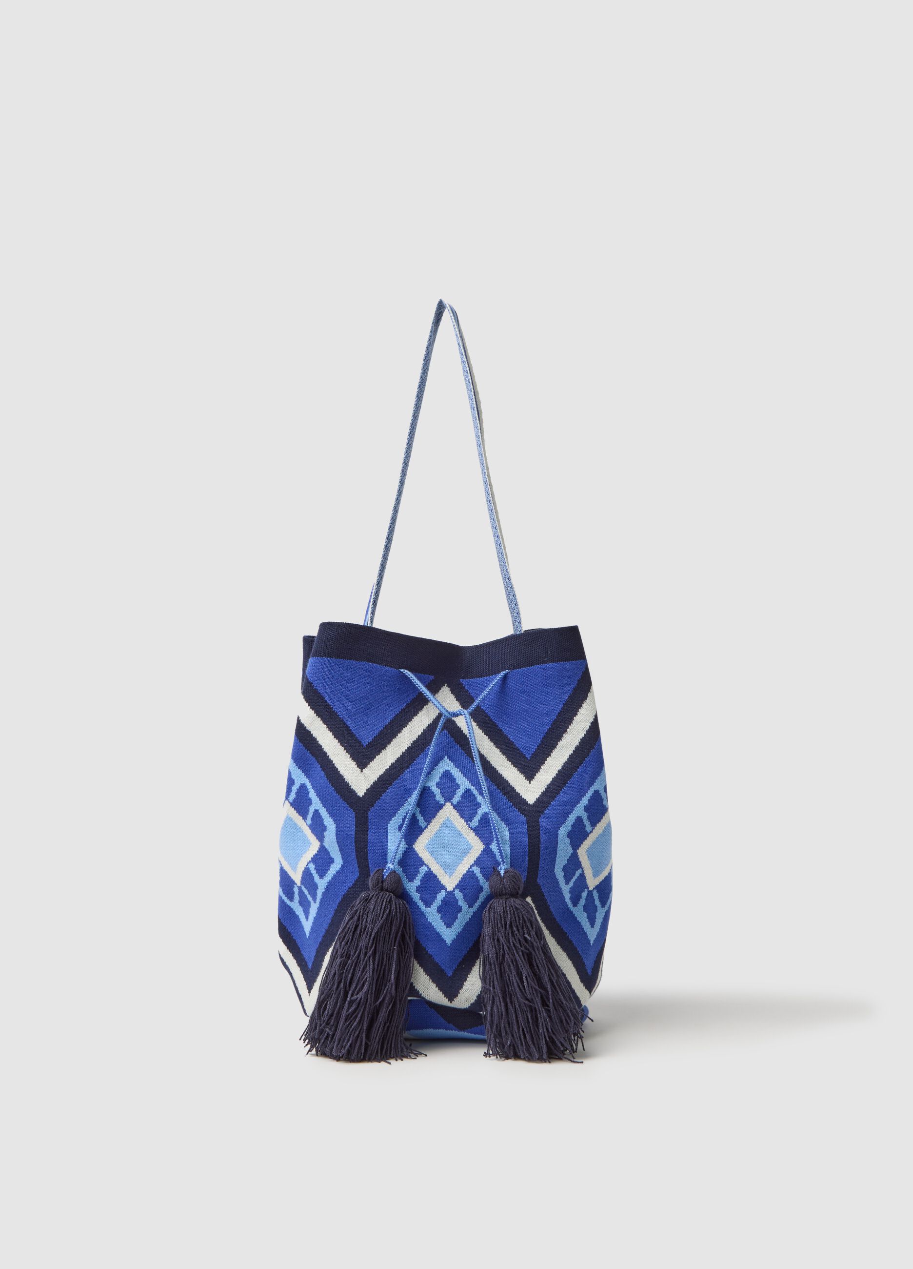 Shoulder bag with geometric motif and tassels