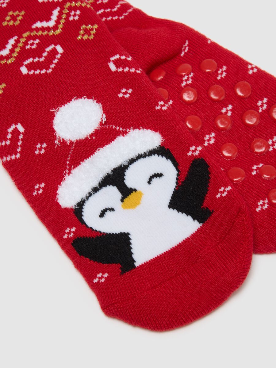 Calze antiscivolo da bambina in misto cotone rosse con stampa natalizia_0