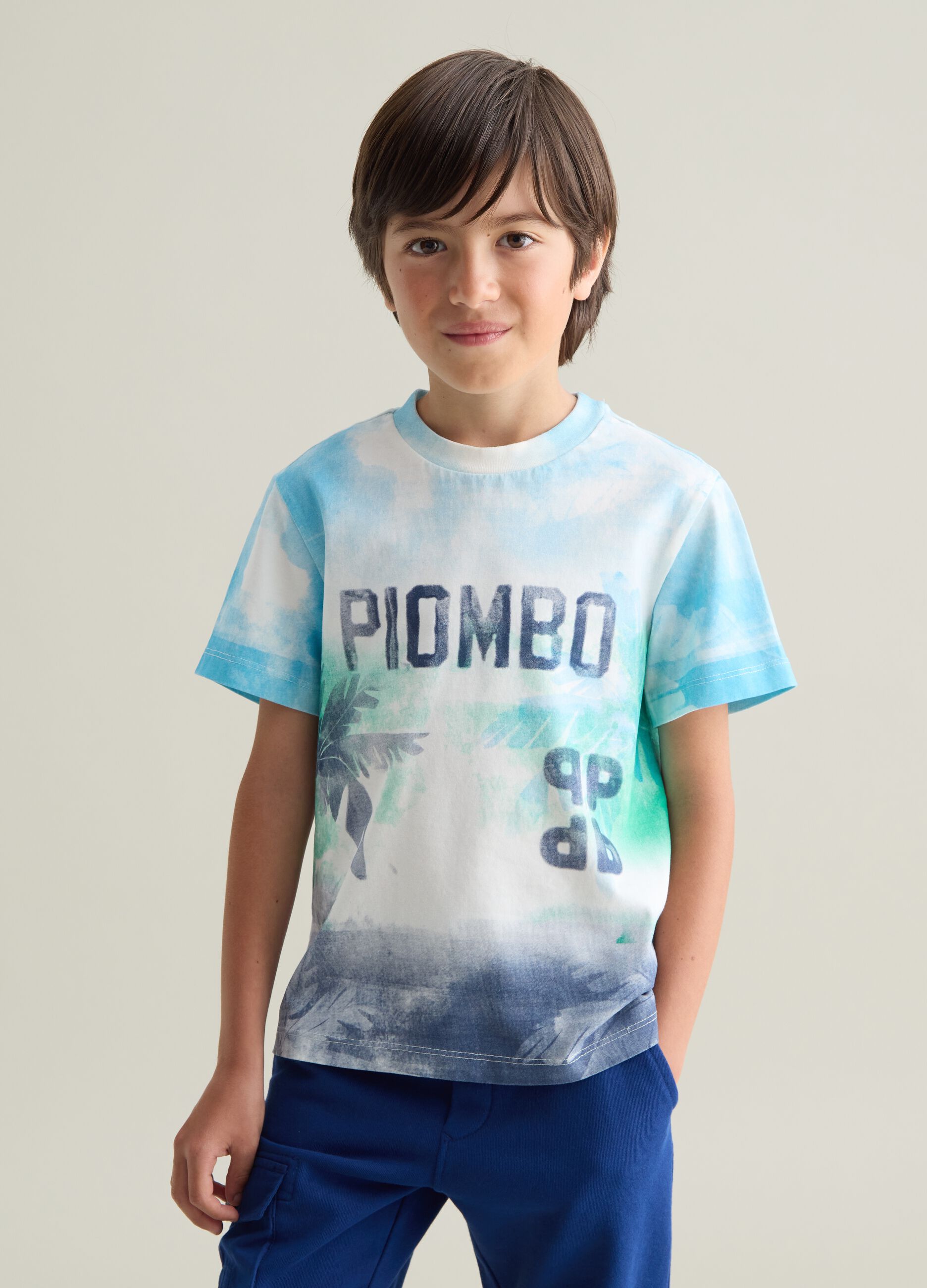 Light blue and blue dip-dye T-shirt with logo and palms print