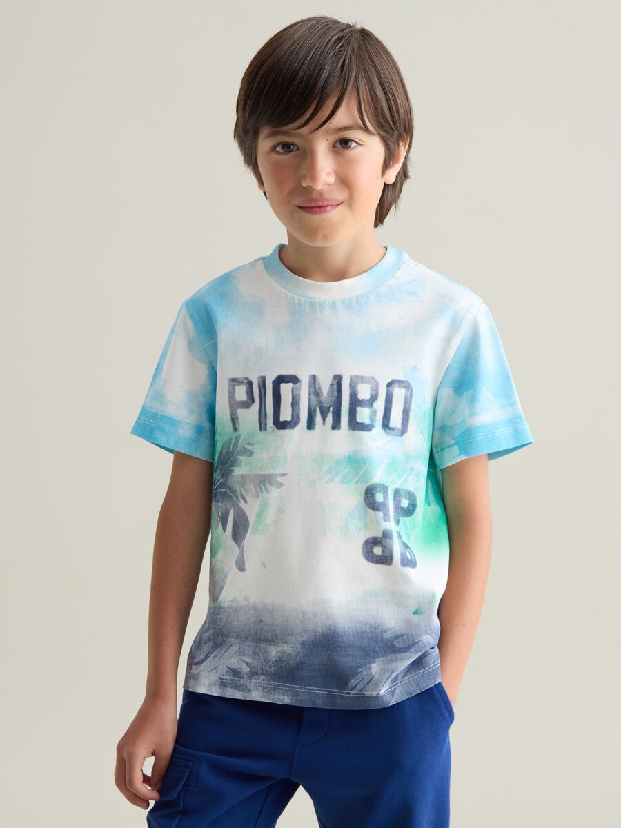Light blue and blue dip-dye T-shirt with logo and palms print_0