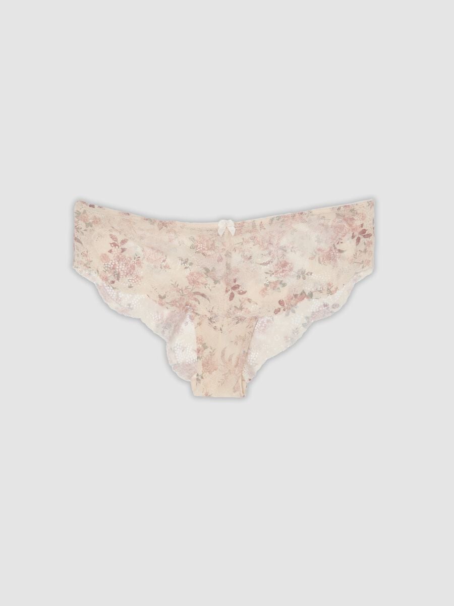 Slip beige in cotone organico in pizzo con fantasia floreale_0