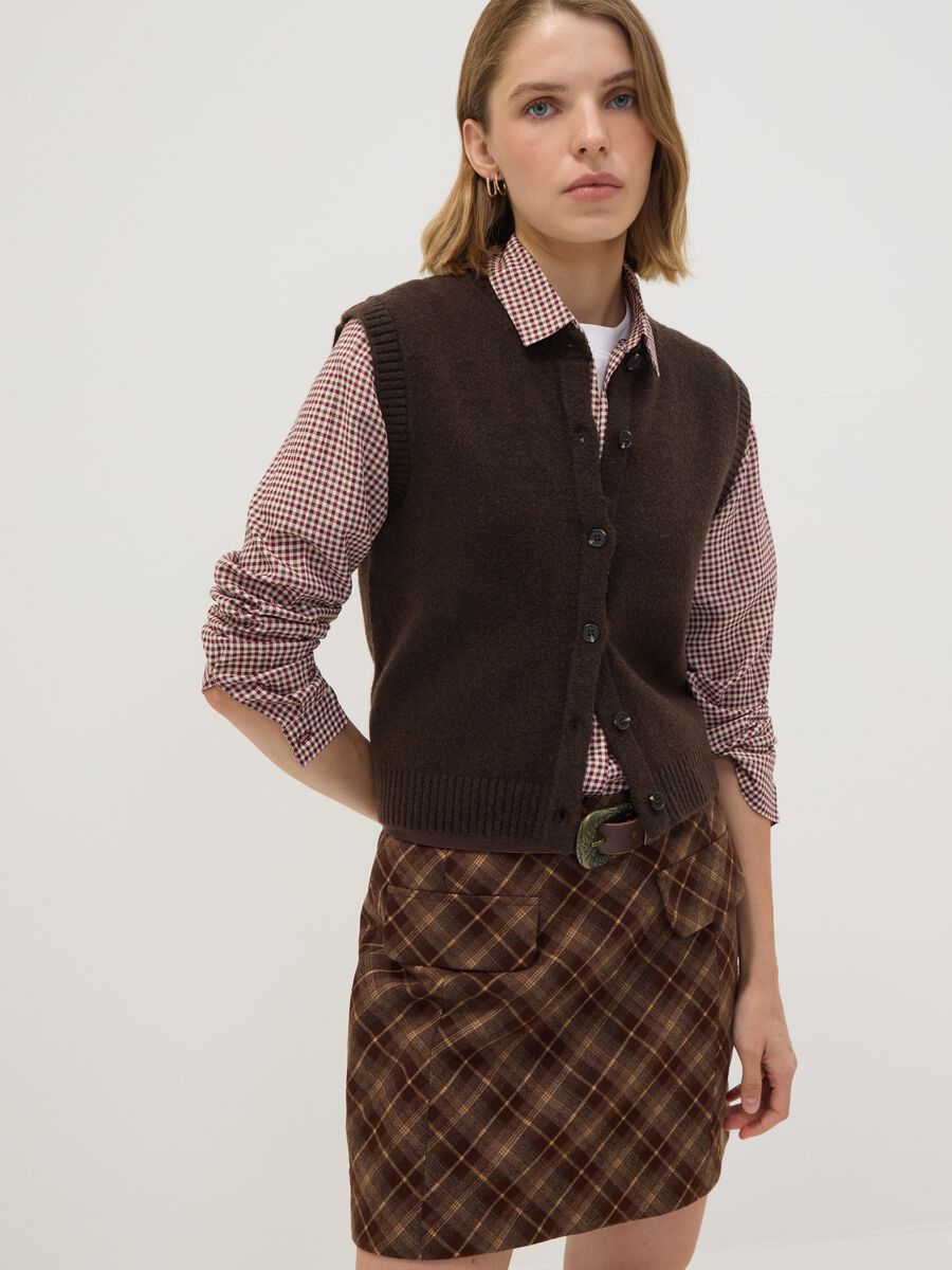 Brown stretch viscose checked skirt_1