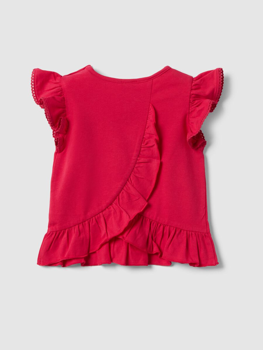 T-shirt in cotone elasticizzato rossa da bimba con Minnie e paillettes_1