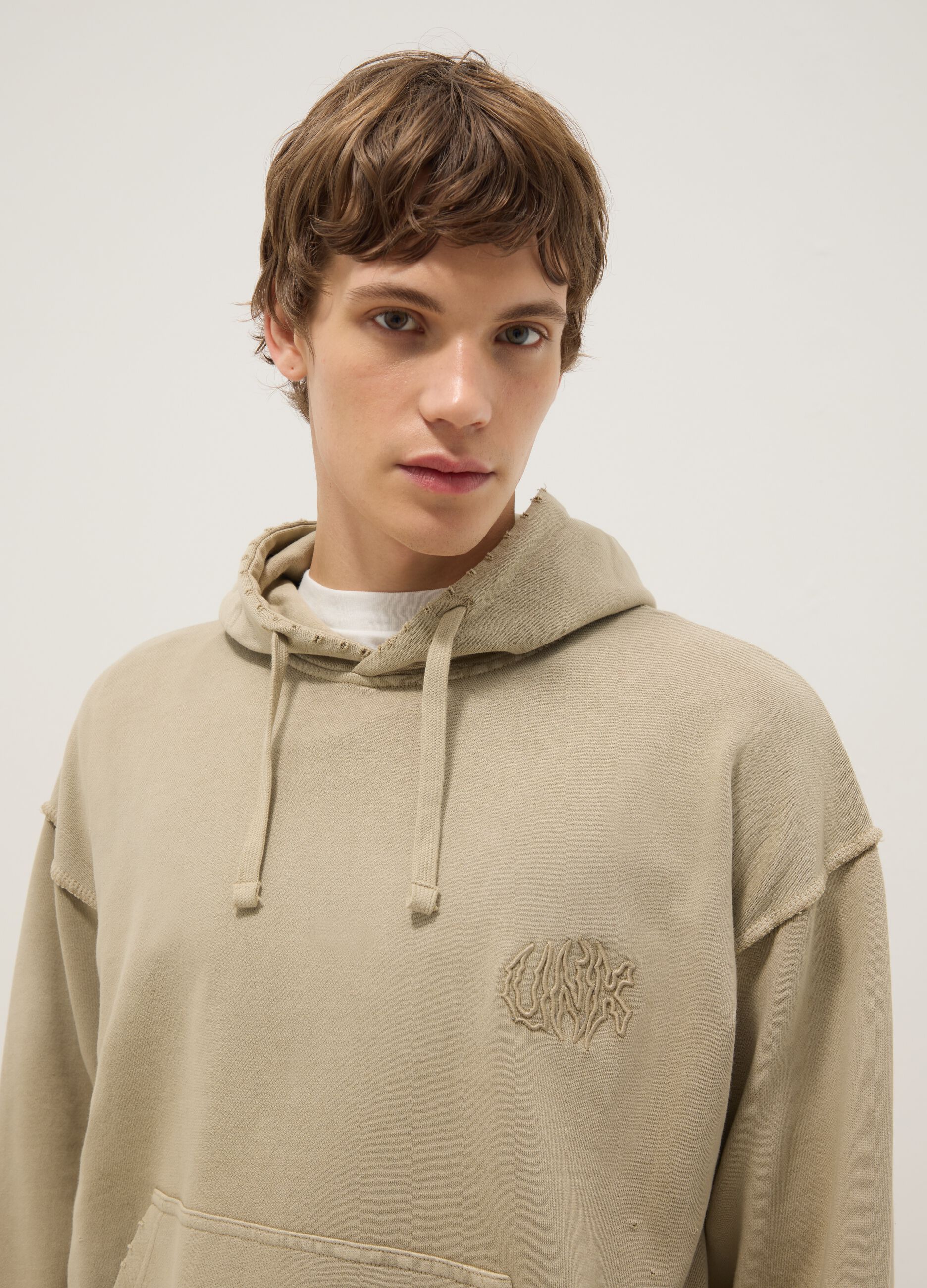 Oversized fit beige cotton blend hoodie